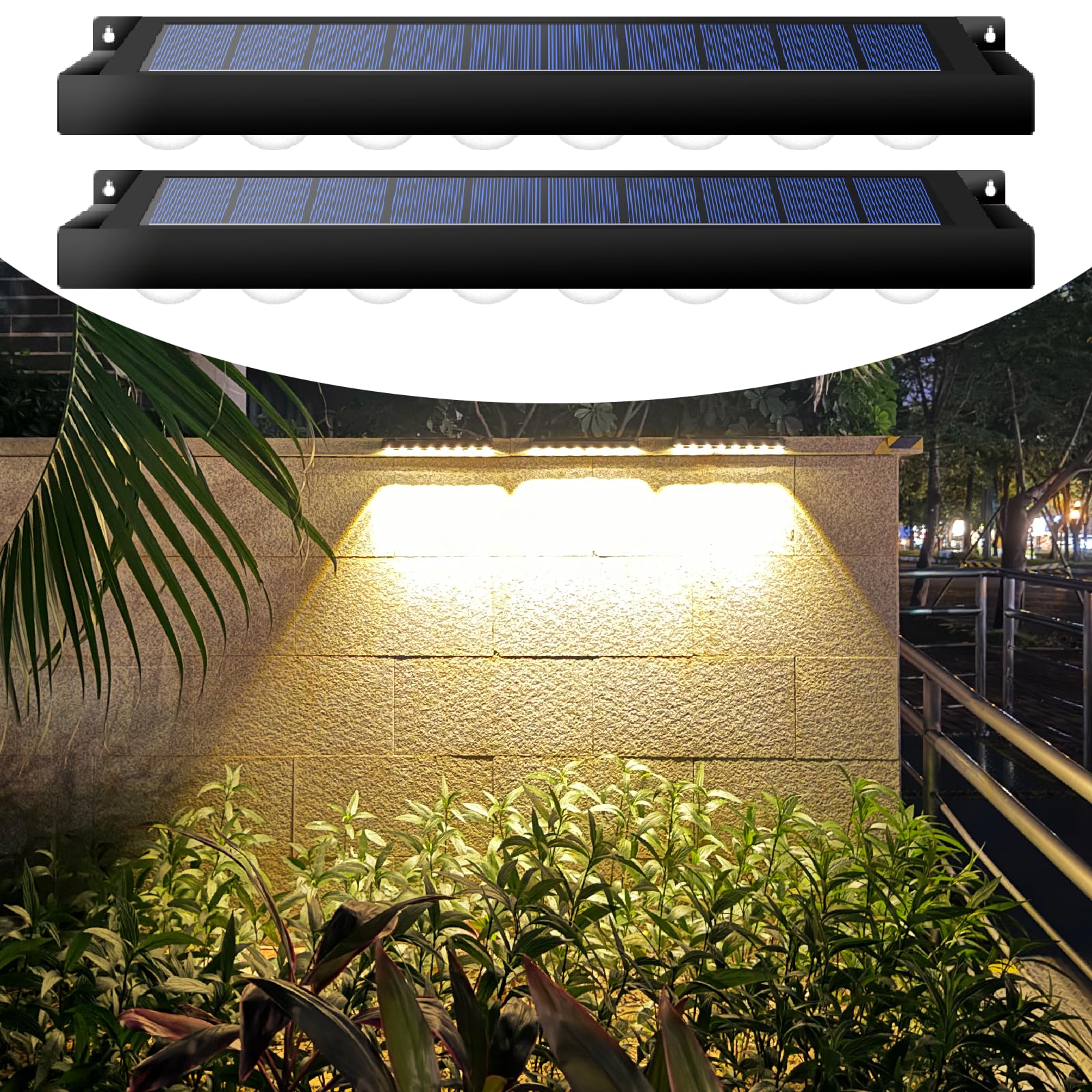 PULITAITONG high brightness solar fence light on porch emits warm white glow for safety.