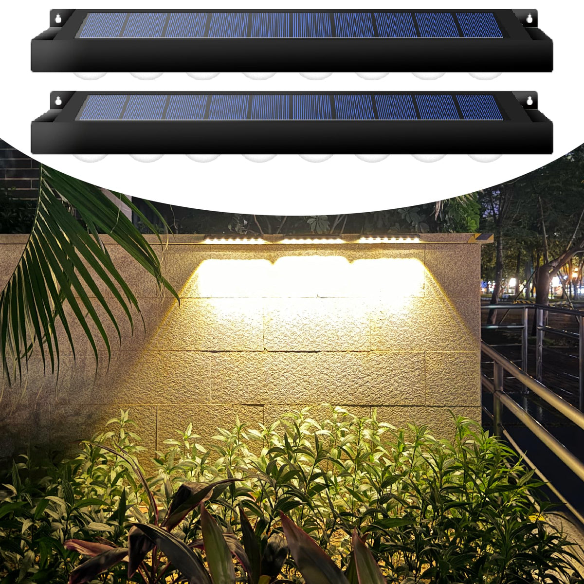 PULITAITONG high brightness solar fence light on porch emits warm white glow for safety.