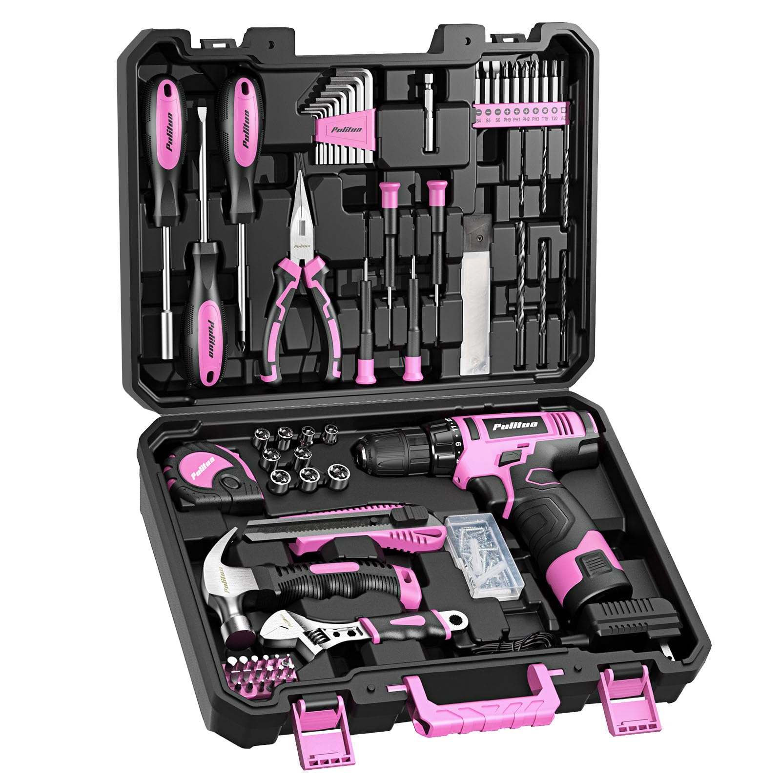 PULITUO 12V pink cordless drill with LED light for precise screwdriving