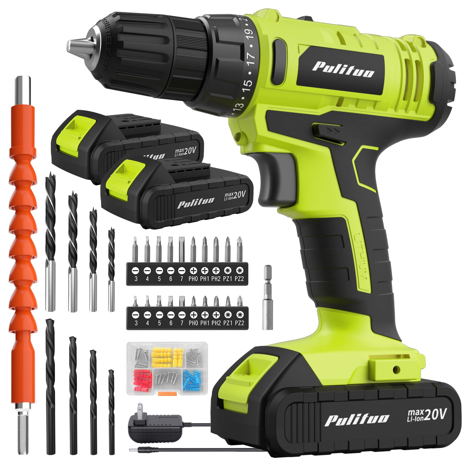 PULITUO 20V cordless drill with battery pack for extended project sessions