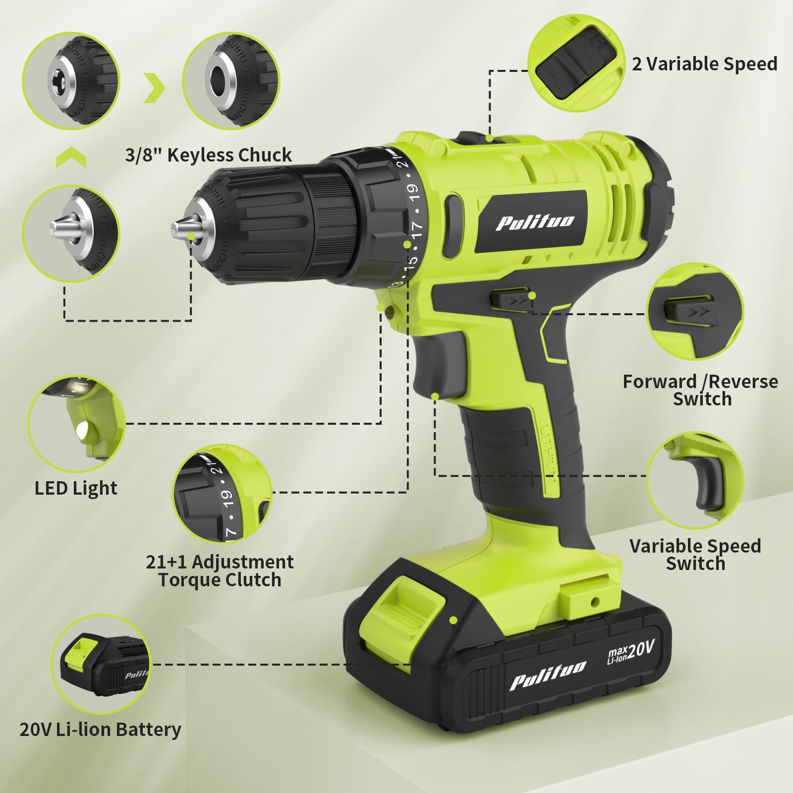 PULITUO cordless drill showing ergonomic grip for comfortable handling
