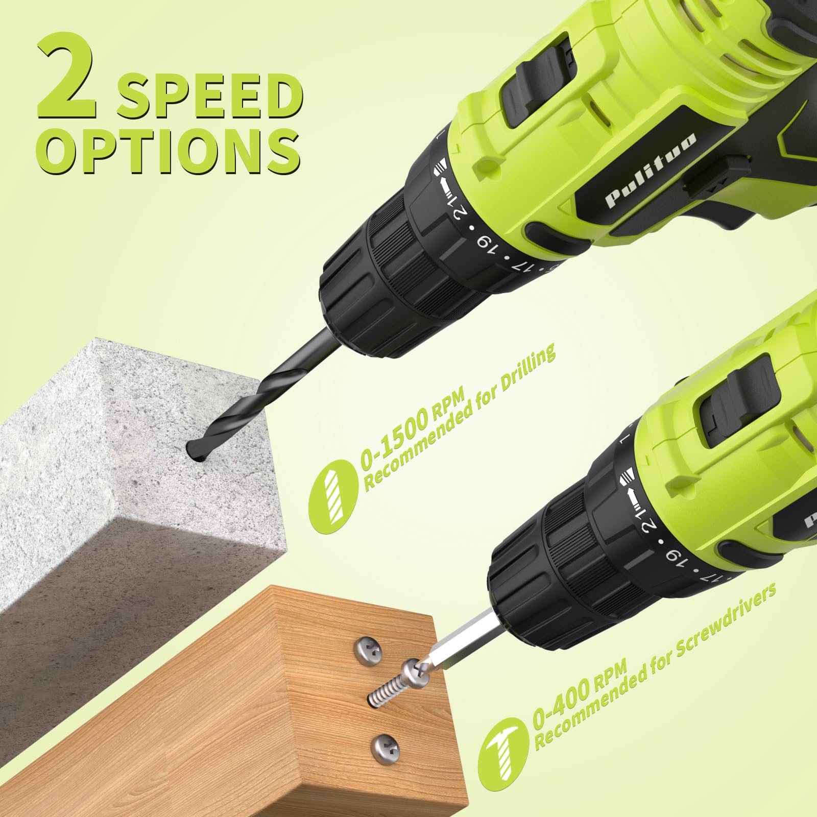 PULITUO drill displaying two-speed settings for versatile tasks