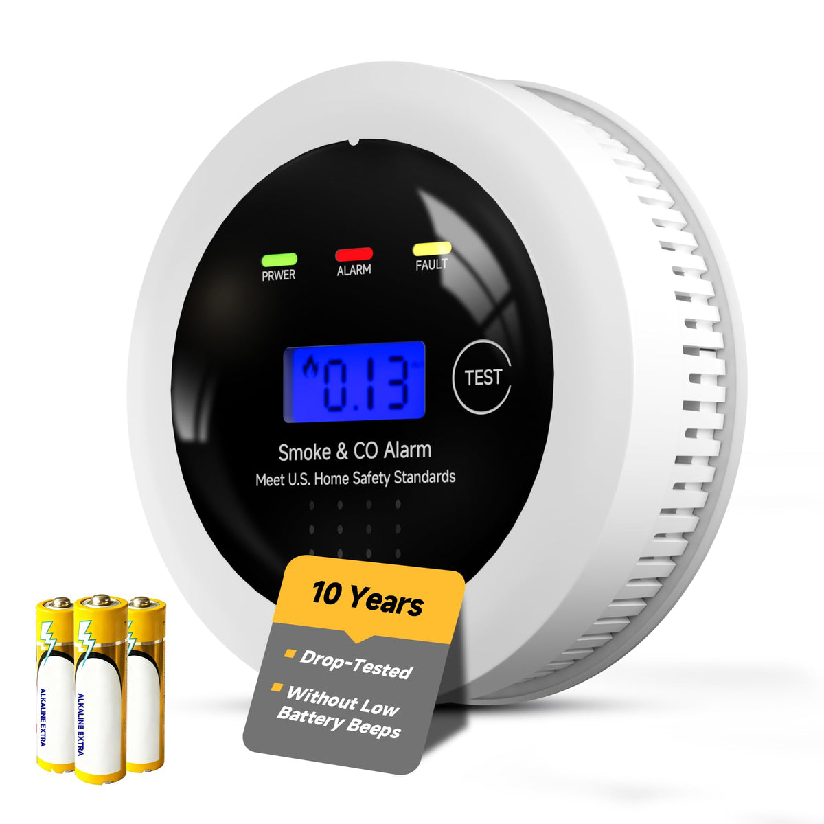 PulseGear drop-tested dual detector front view for durable home safety monitoring.