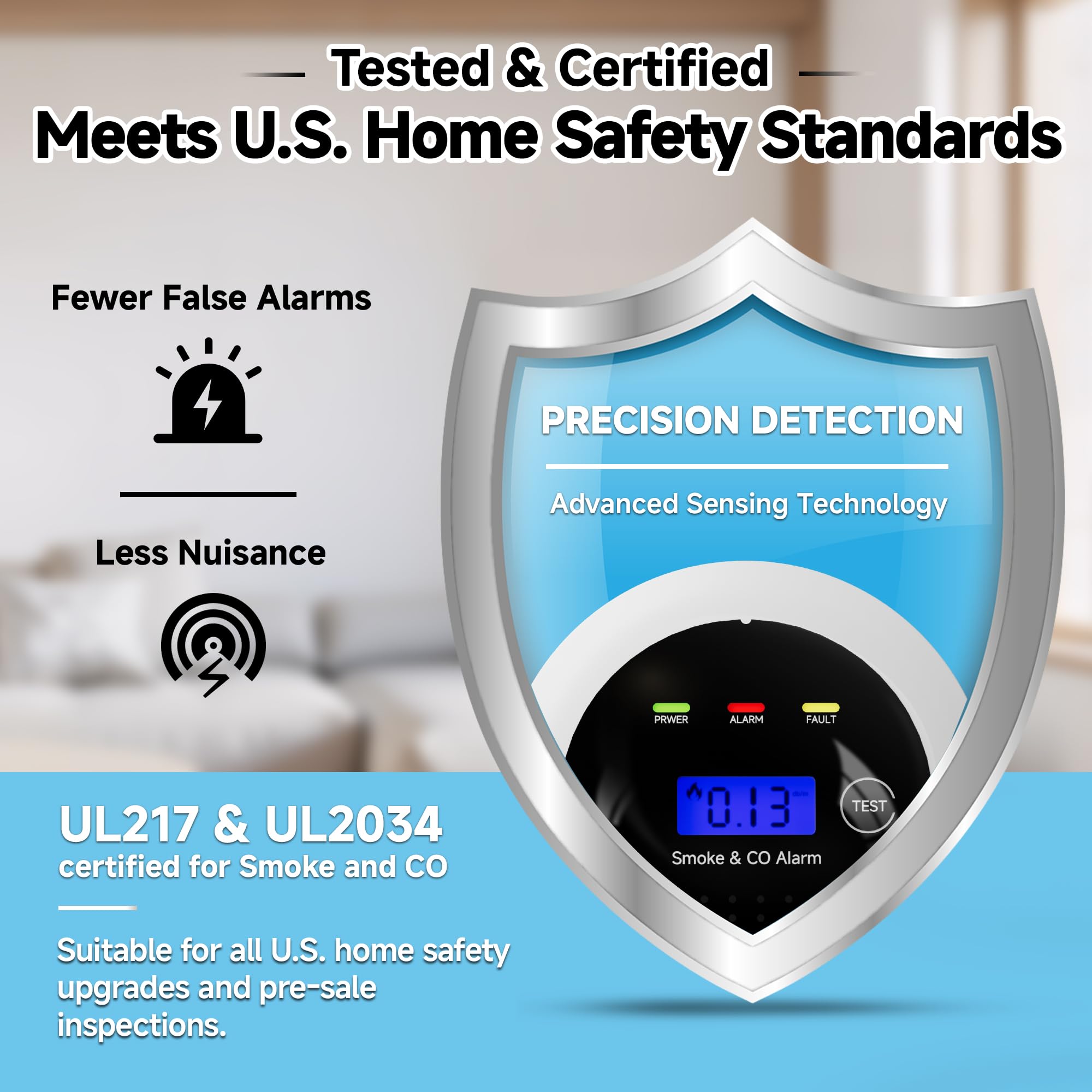 PulseGear dual-sensor technology illustration highlighting fewer false alarms and reliability.