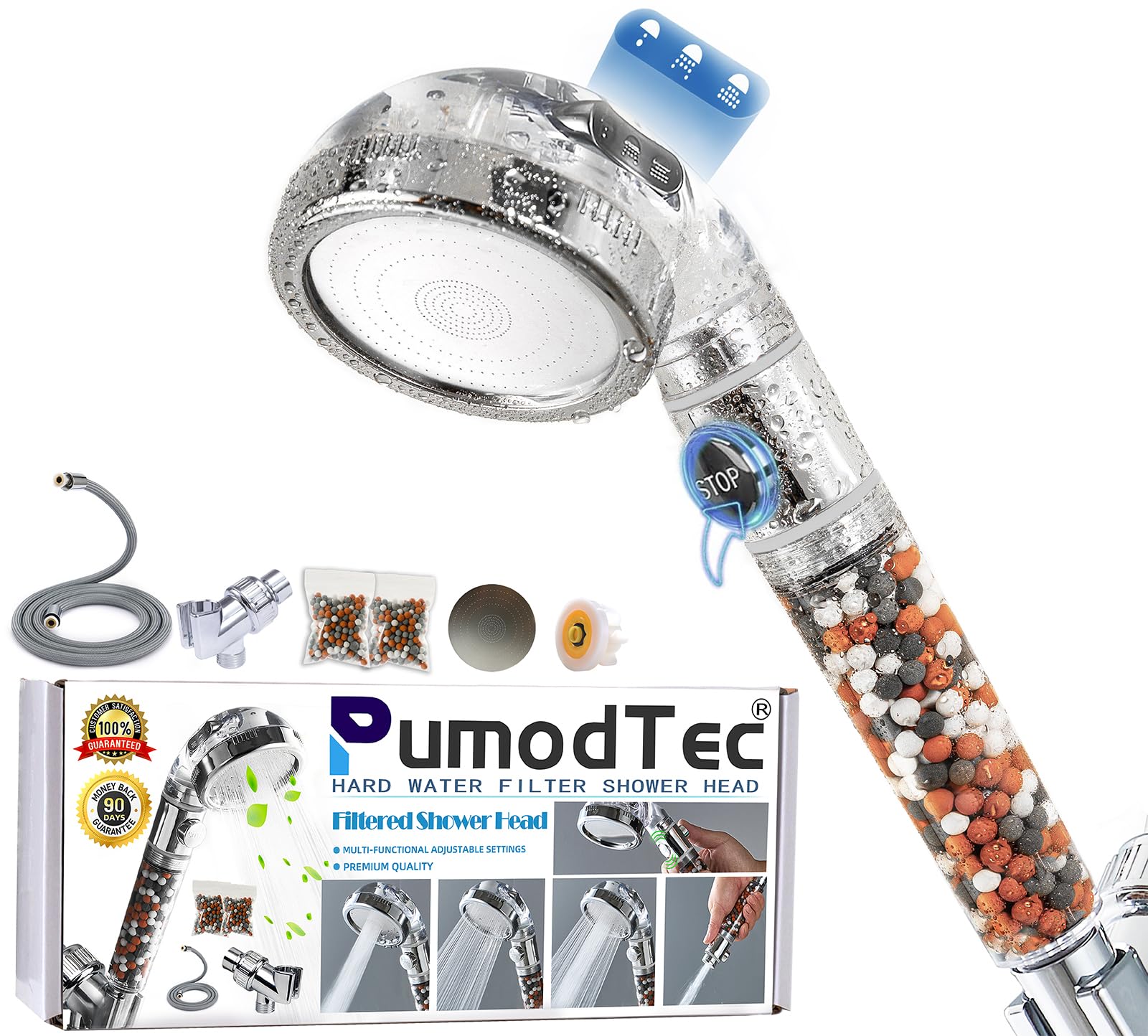 PumodTec filtered shower head with handheld offers high-pressure flow for refreshing showers.