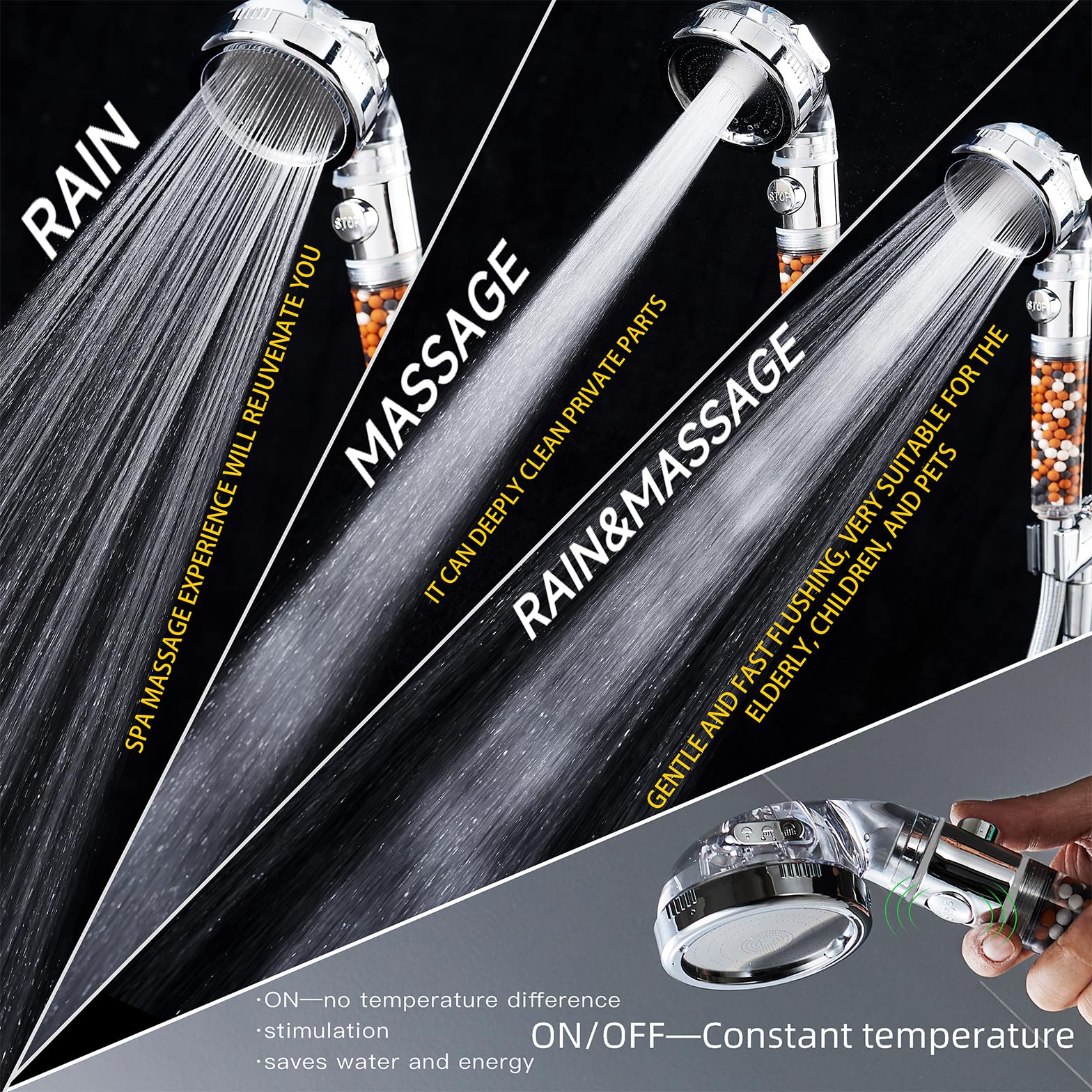 PumodTec four-mode shower head offers massage, rain, mix, and spray.