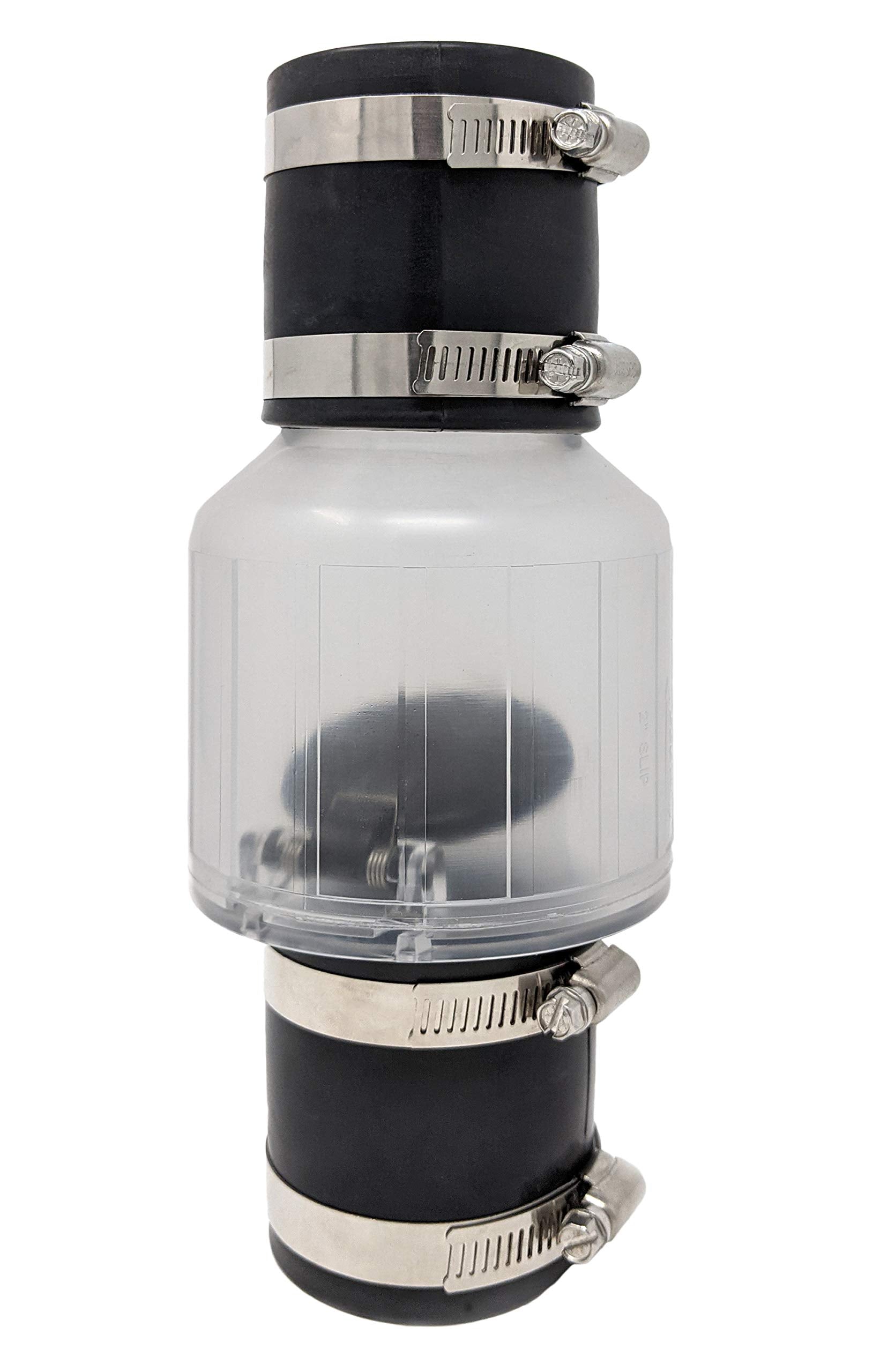 PumpSpy silent check valve with a clear body showing water flow for quick status checks.