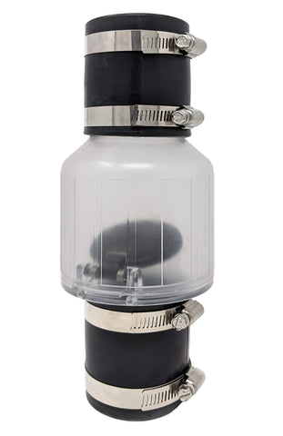 PumpSpy silent check valve with a clear body showing water flow for quick status checks.