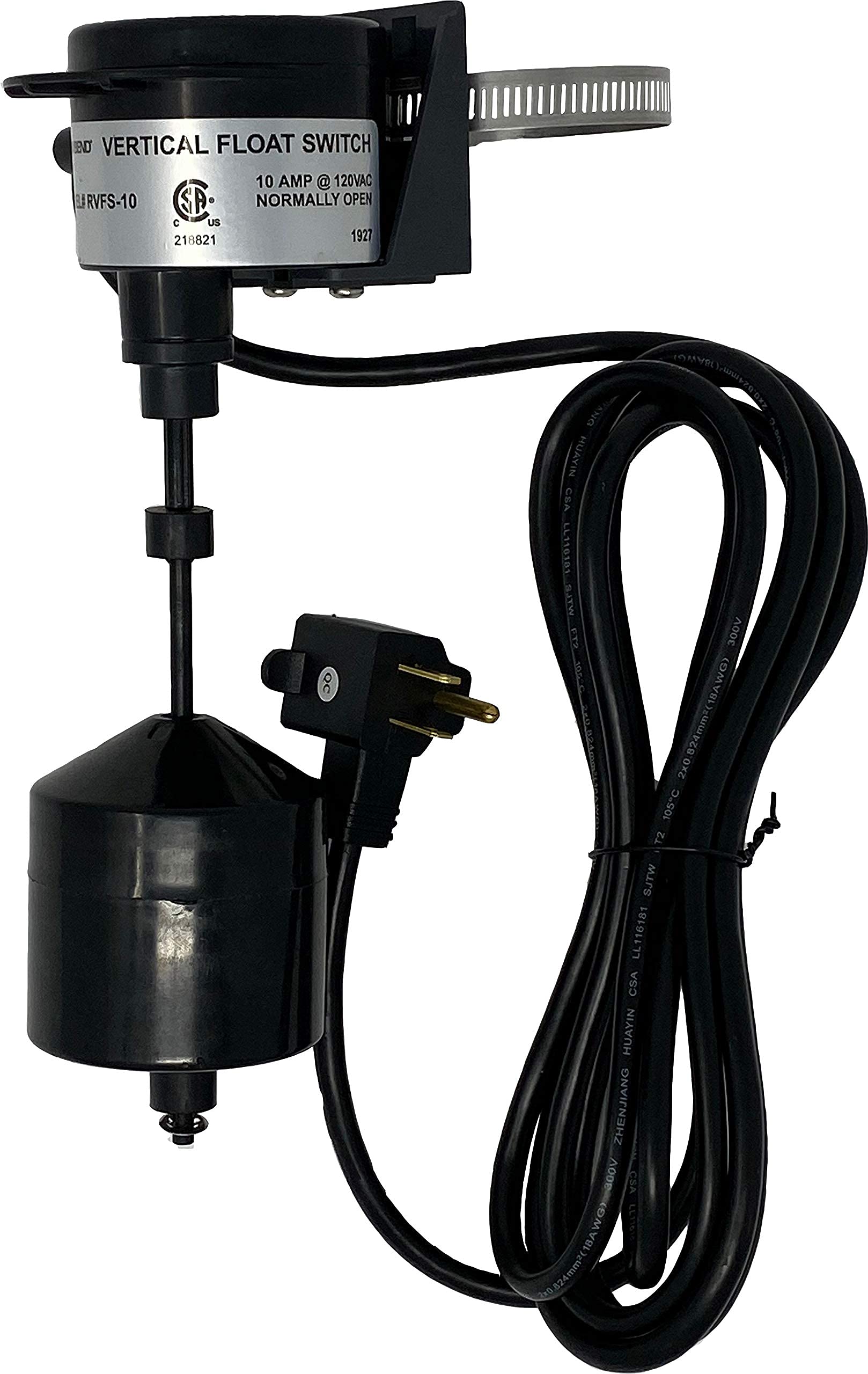 PumpSpy vertical float switch mounted on discharge pipe enabling automatic sump pump operation.