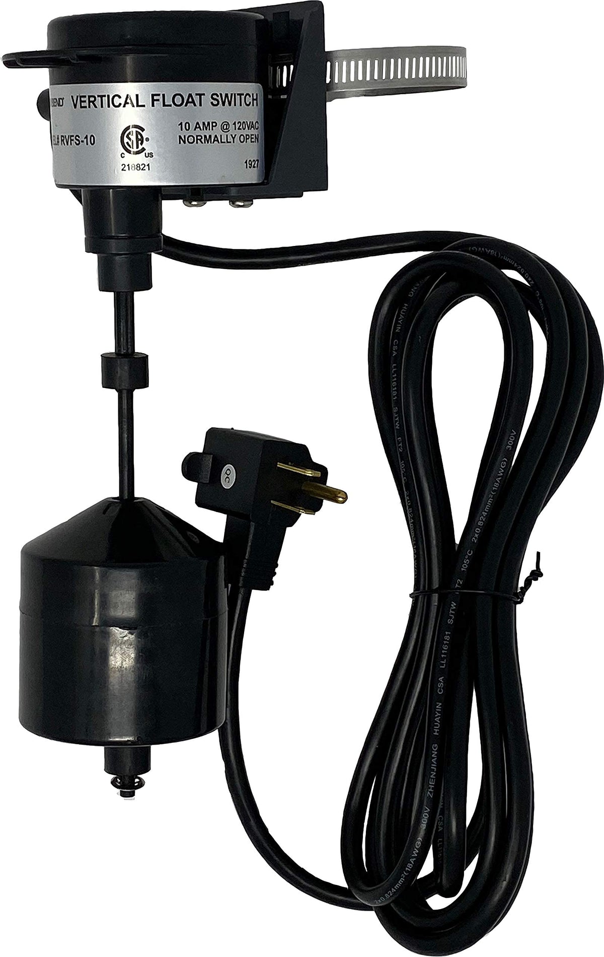 PumpSpy vertical float switch mounted on discharge pipe enabling automatic sump pump operation.
