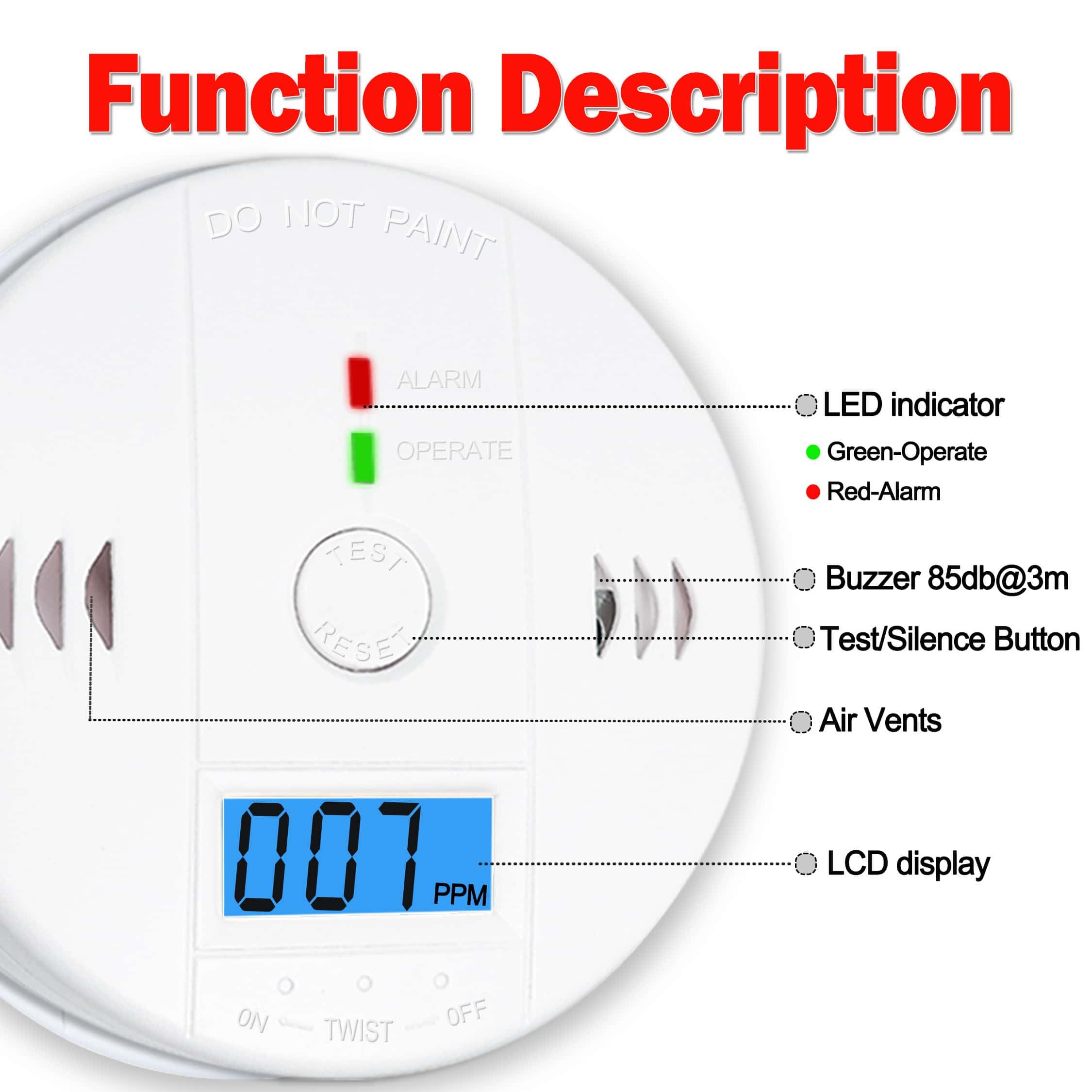 Pumwry CO detector red LED alarm and audible alert