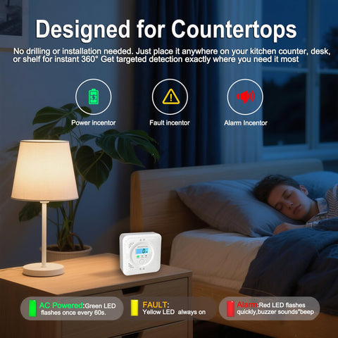 Pumwry CO detector battery status and fault indicators for maintenance