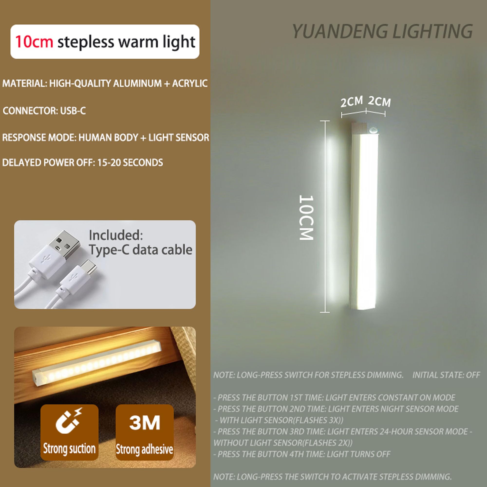 Punch-Free Smart Sensor LED Light shows USB-C charging port for quick recharge