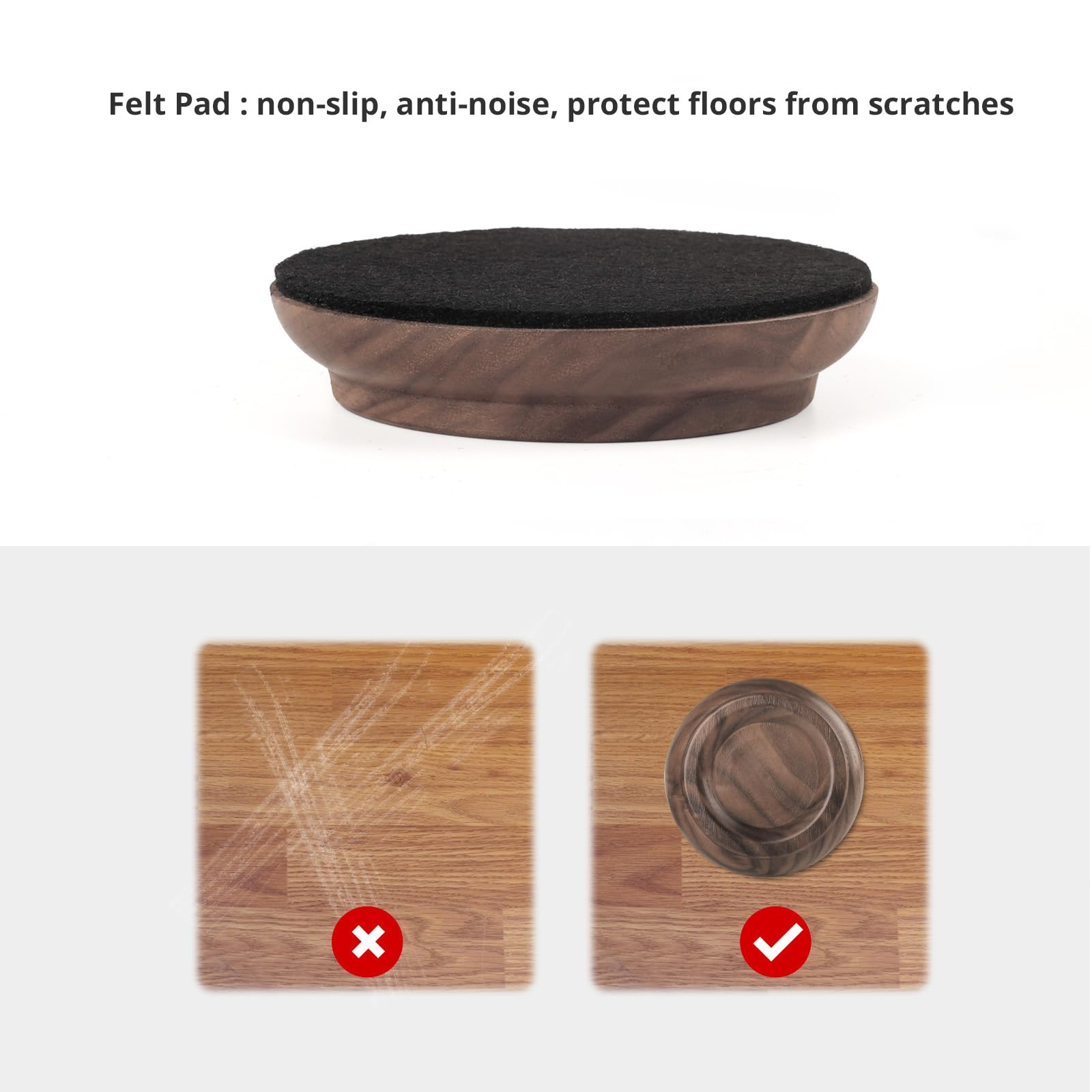 PUNK black walnut finish caster cups highlight wood grain and elegance
