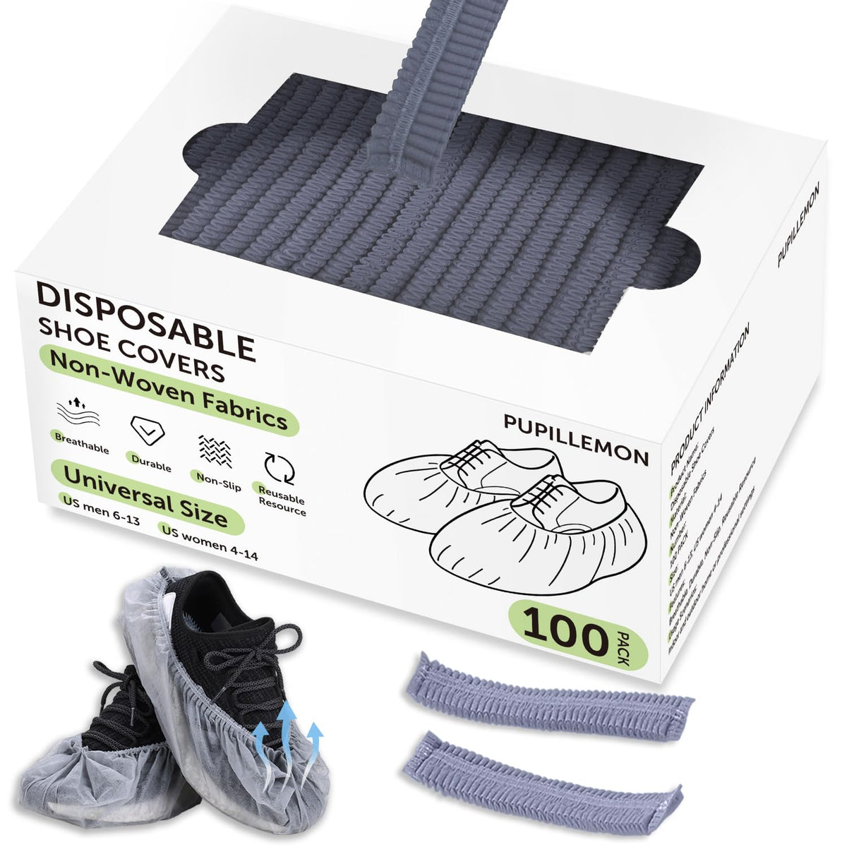 PUPILLEMON breathable nonwoven shoe covers in a pack for quick indoor protection.