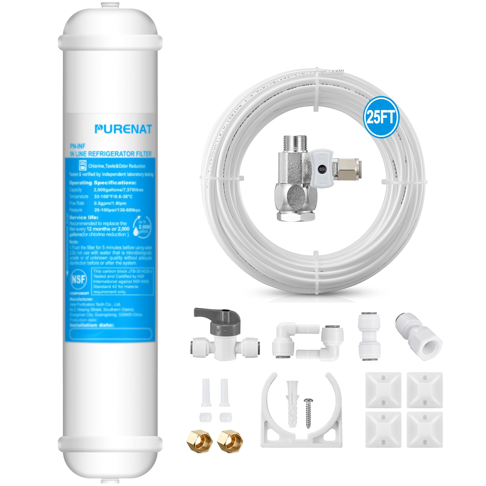 PURENAT inline water filter kit installed on refrigerator line for clean-tasting ice.