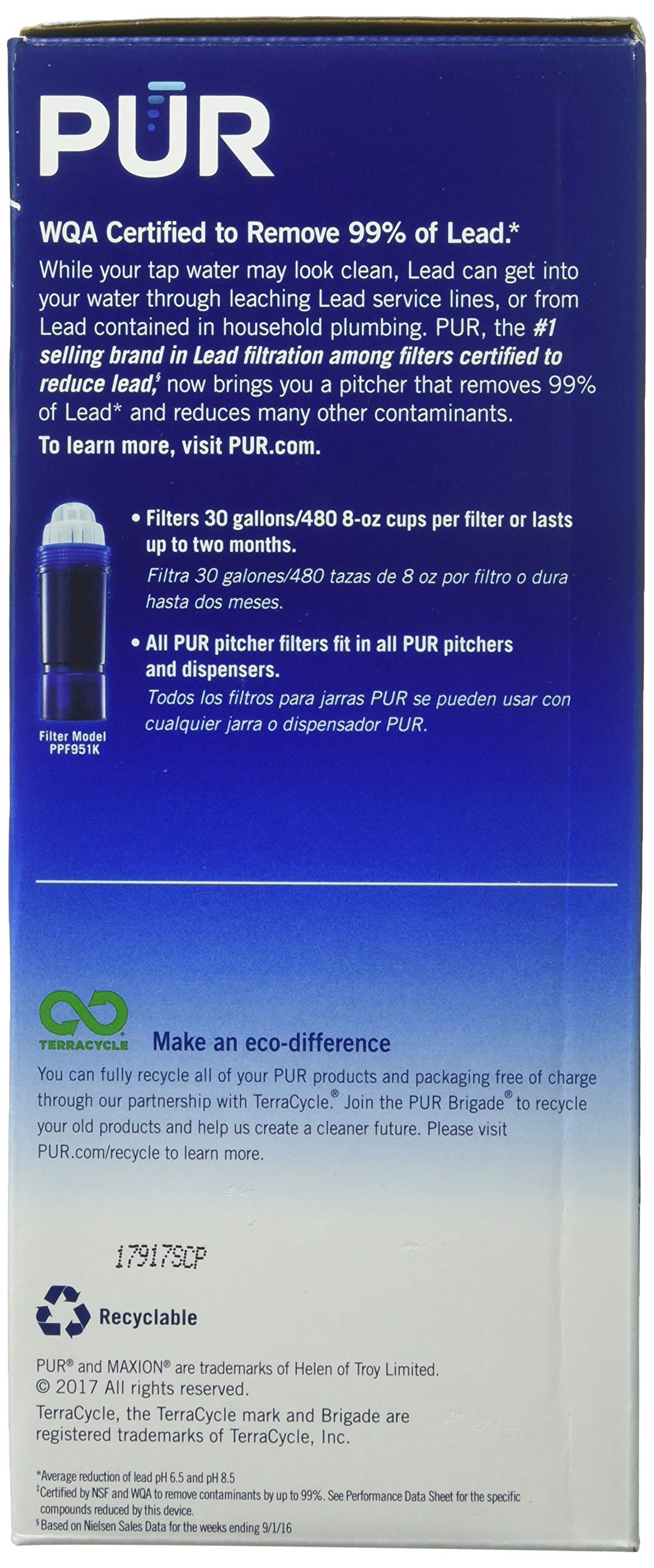 PUR MAXION replacement filter lowers chlorine taste and odor in water.