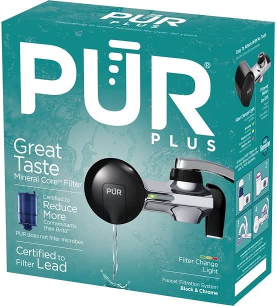 PUR PFM200B faucet filter installed on a black-chrome faucet for clean tasting water.