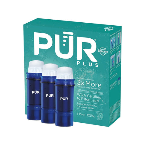 PUR Plus filter packaging highlights convenient replacement for cleaner water