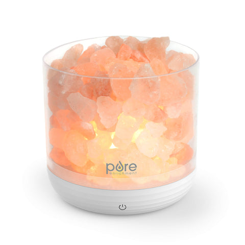 Pure Enrichment PureGlow pink Himalayan salt rocks create a warm ambient glow.