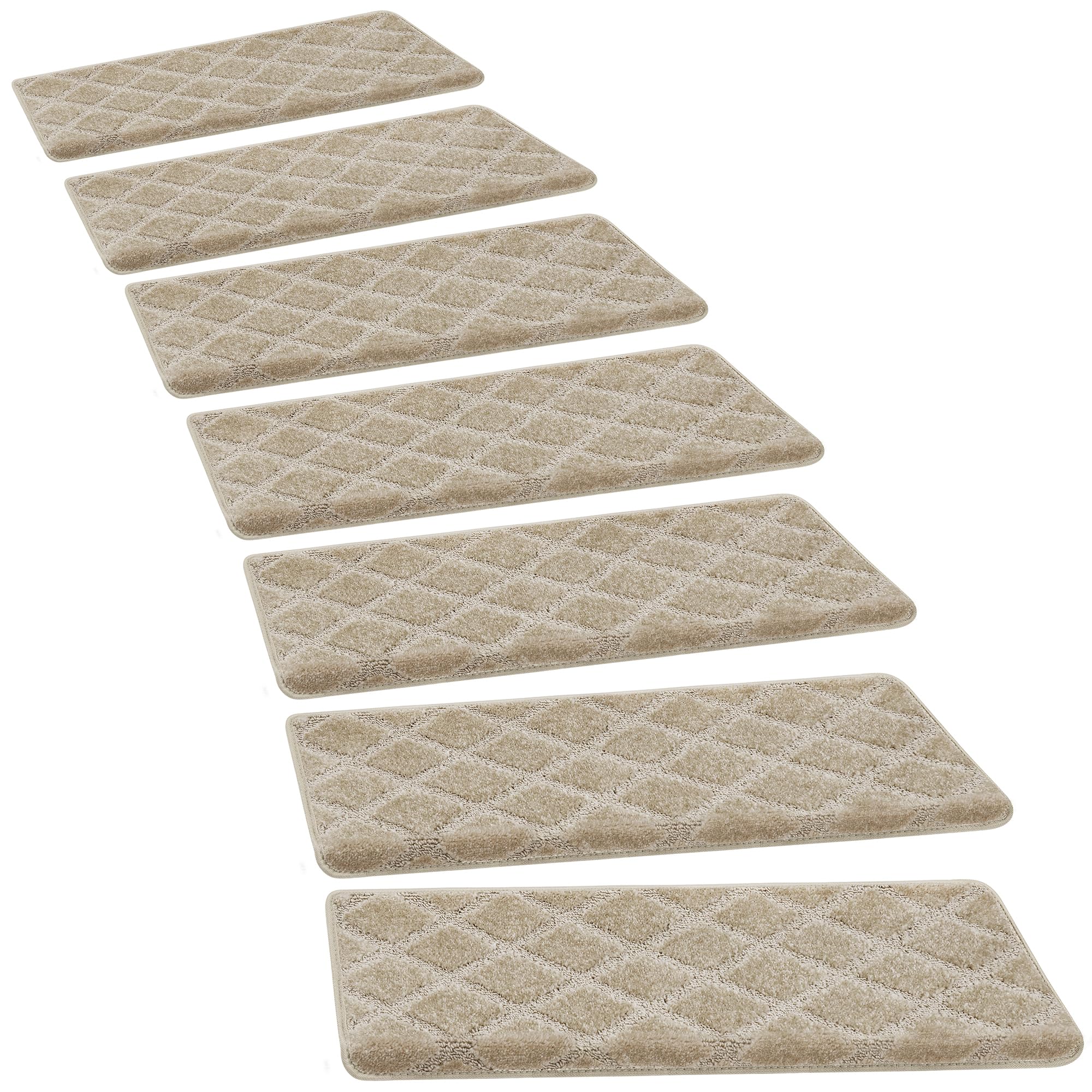 PURE ERA bullnose stair treads in cream gray diamond trellis on wooden stairs for safer footing