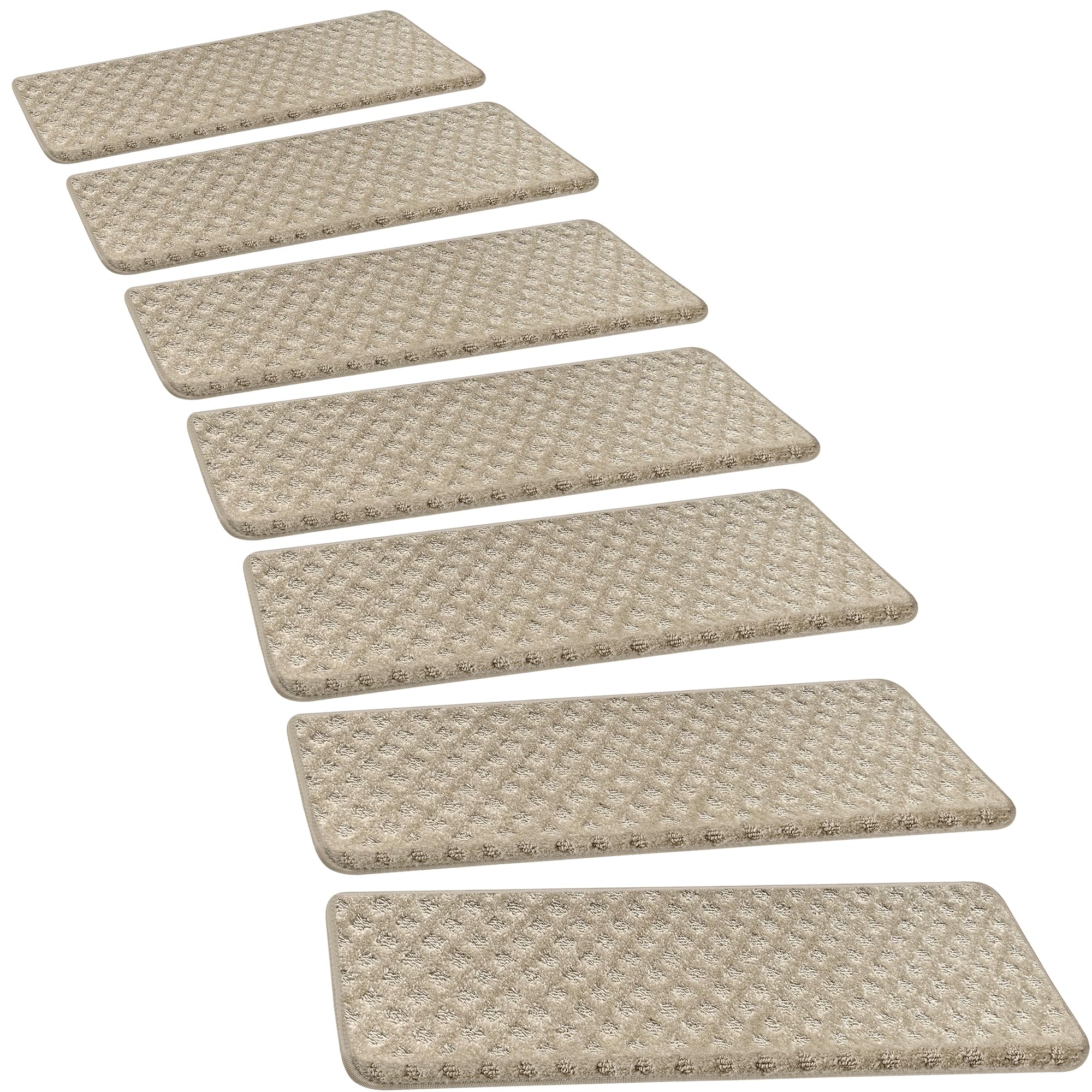 PURE ERA bullnose stair treads in cream gray with mini-diamond trellis protect wooden steps.
