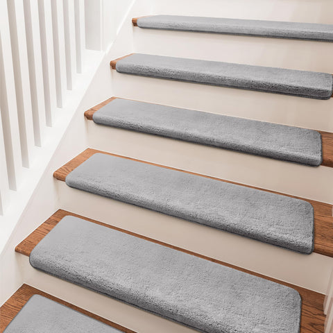 PURE ERA ultra-plush gray stair treads, 9.5x30, for cozy, stylish stairs