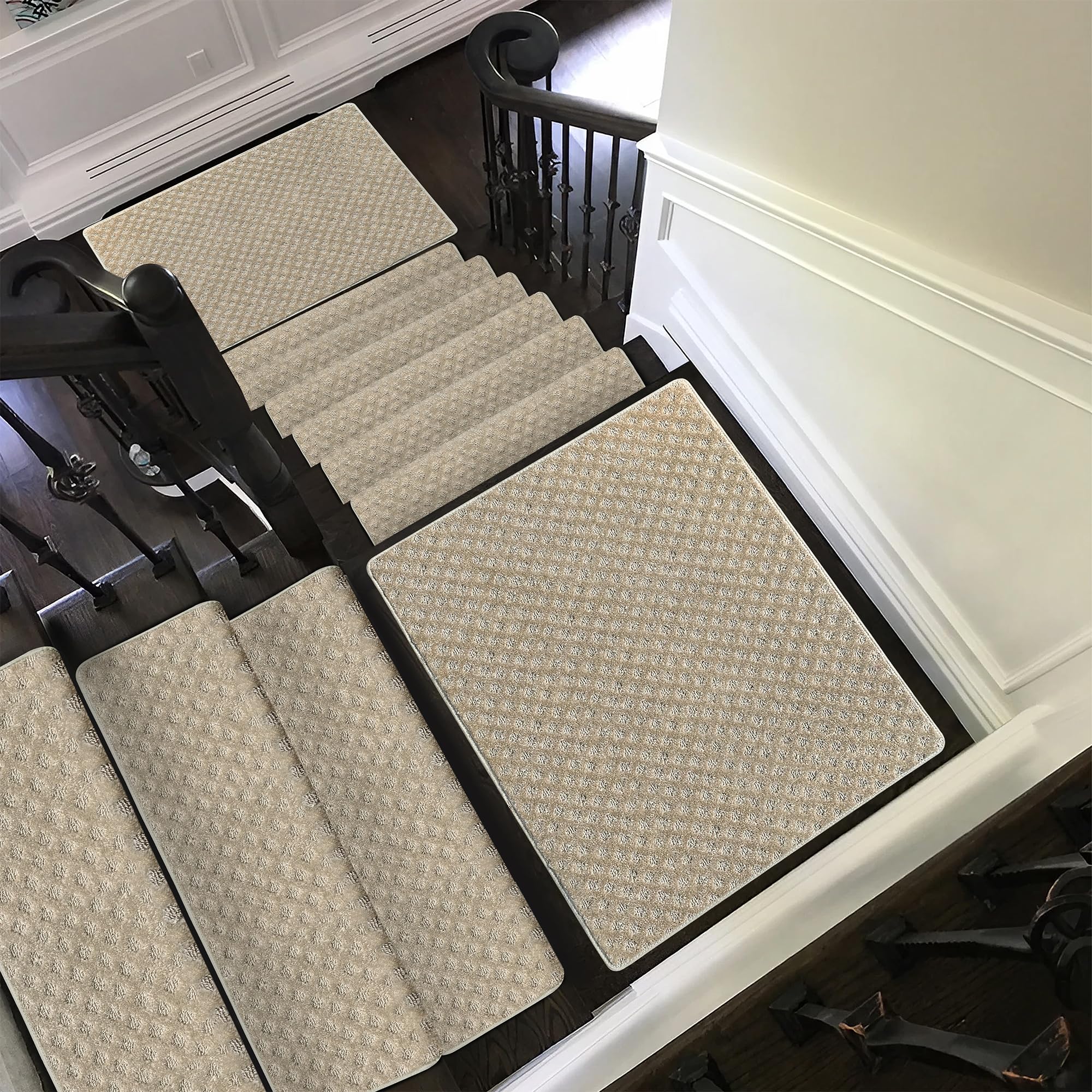 PURE ERA cream gray mini diamond trellis stair treads blend with décor.