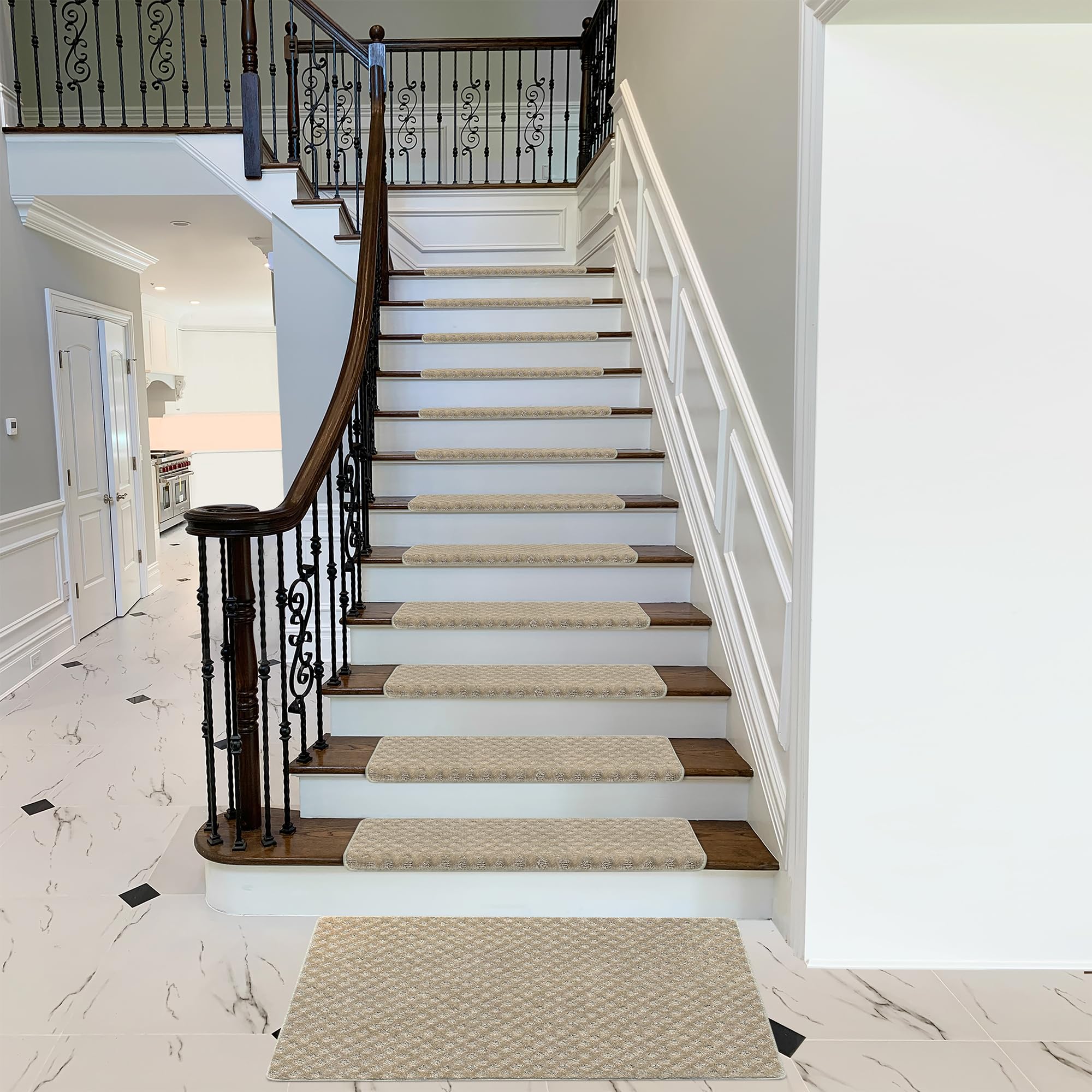 PURE ERA cream gray stair treads apply to a wood step for secure grip.