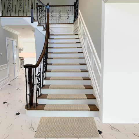 PURE ERA cream gray stair treads apply to a wood step for secure grip.