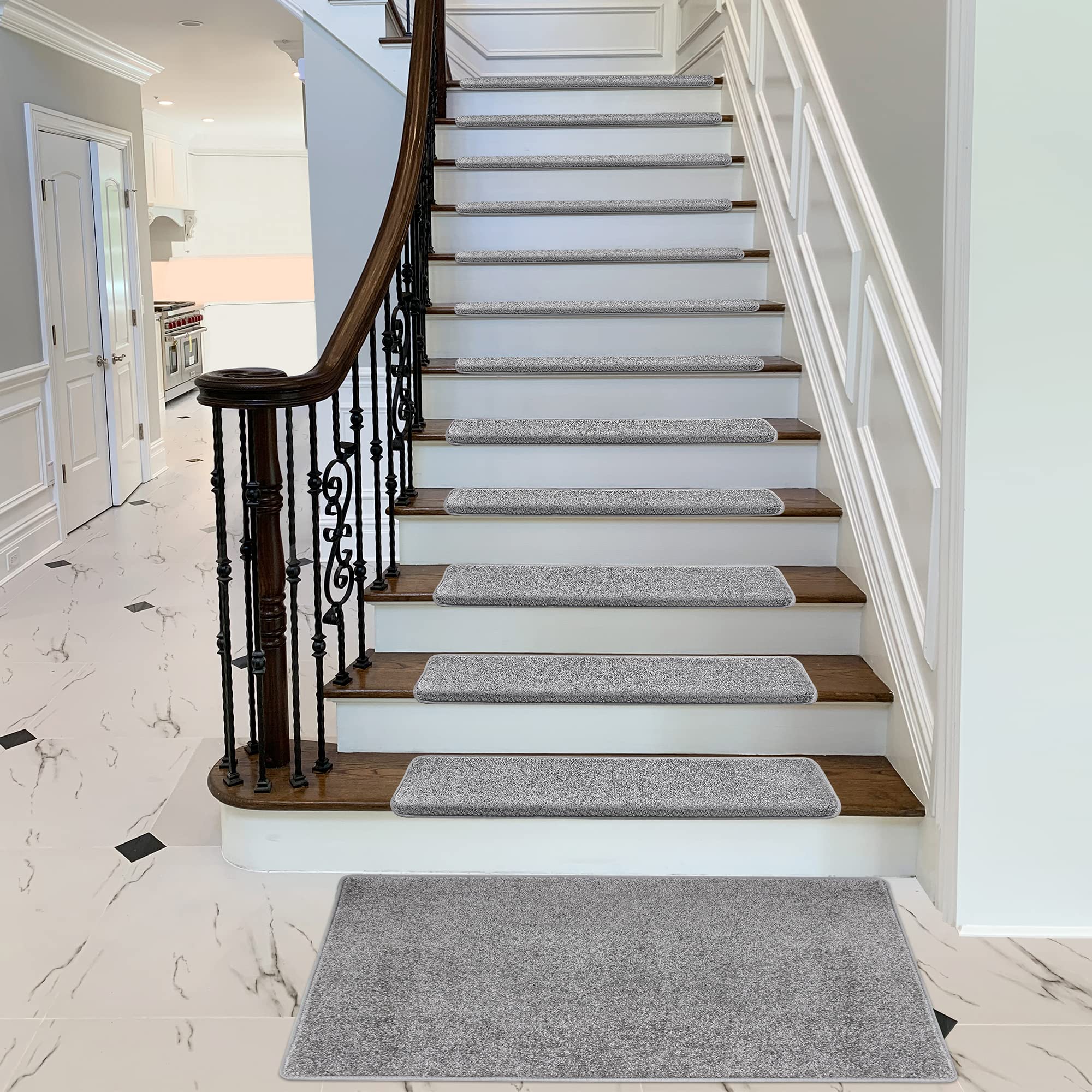 Pure Era stair treads soft texture in light gray for comfortable footfall.