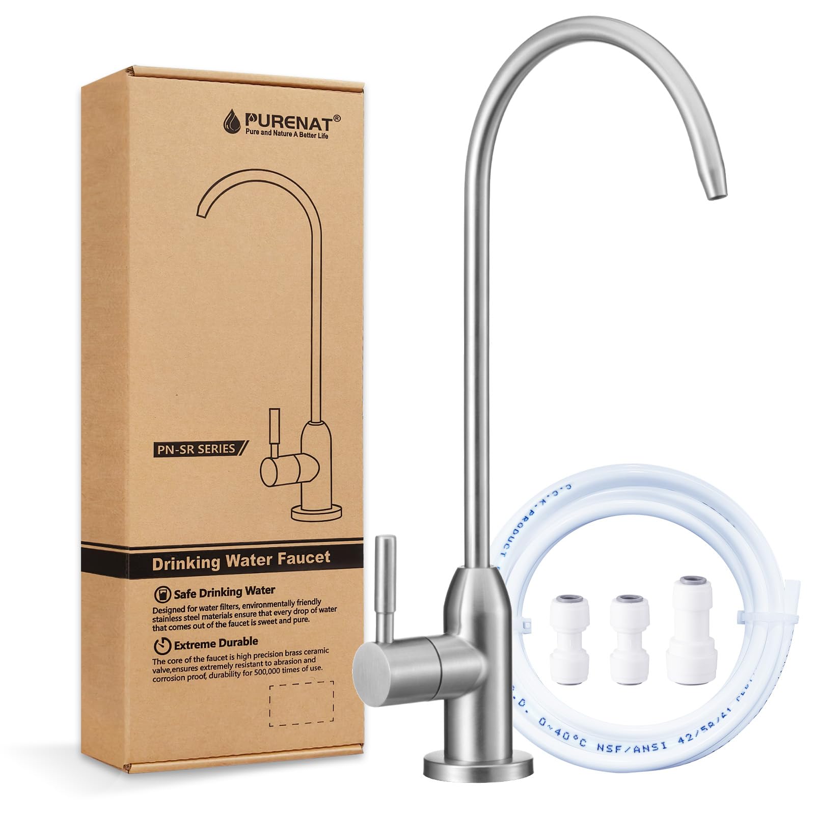 PURENAT drinking water faucet with long-thread stem for thick countertops.