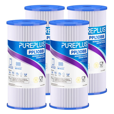 PUREPLUS 20-micron pleated filter close-up for well water sediment capture.