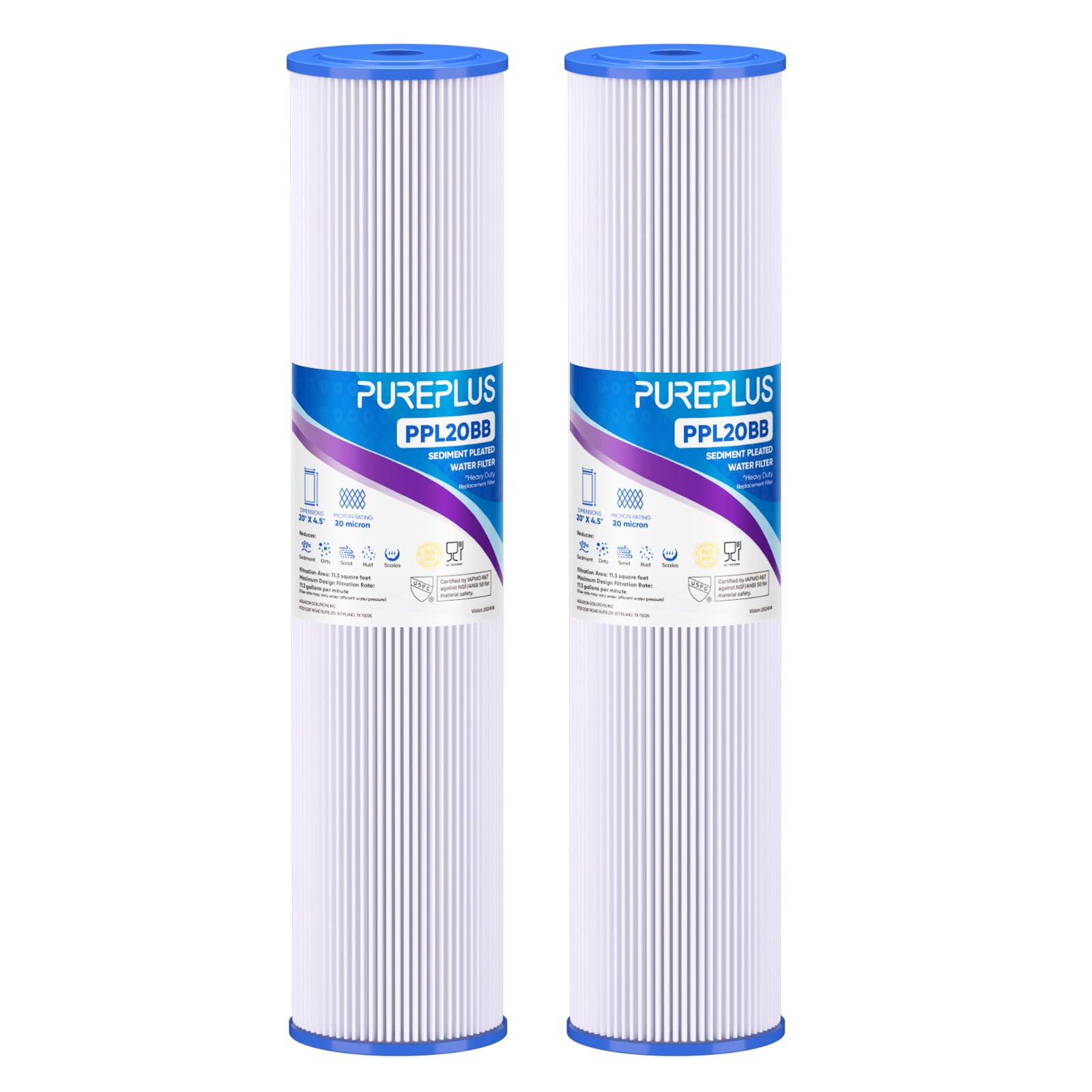 PUREPLUS 20x4.5 inch pleated sediment filter for well water delivers cleaner flow.