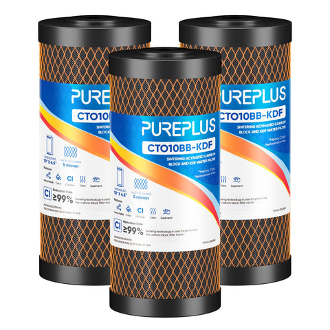 PurePlus 5-micron cartridge shown in housing for whole-house filtration.