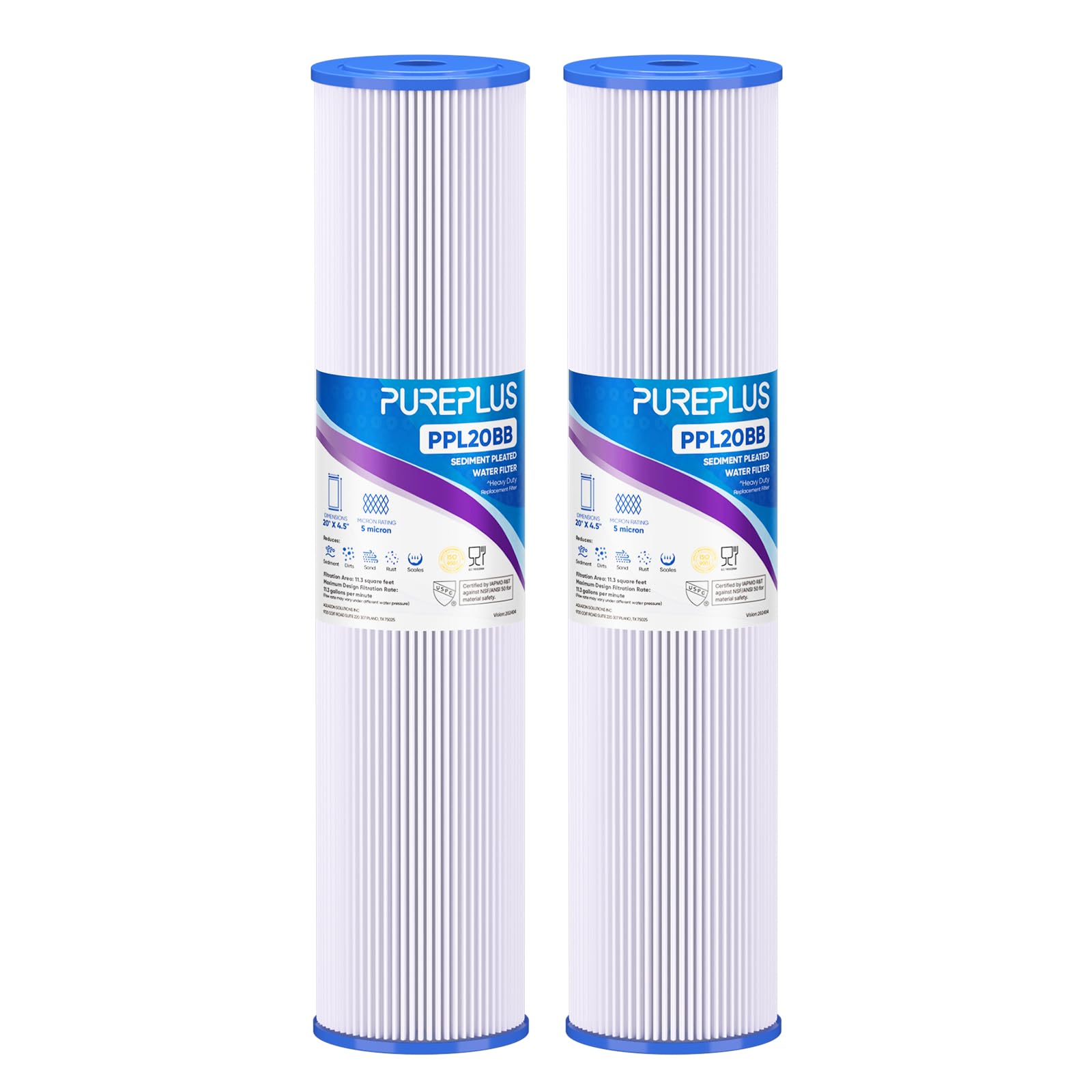 PUREPLUS 5-micron 20x4.5 pleated sediment filter for well water improves clarity.