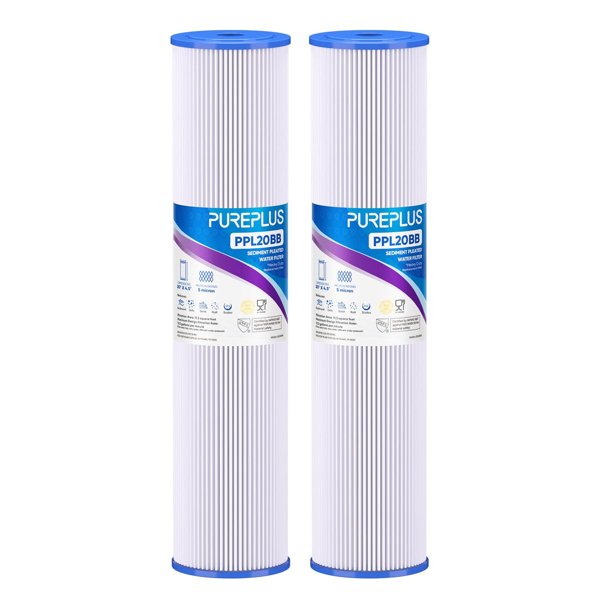 PUREPLUS 5-micron 20x4.5 pleated sediment filter for well water improves clarity.