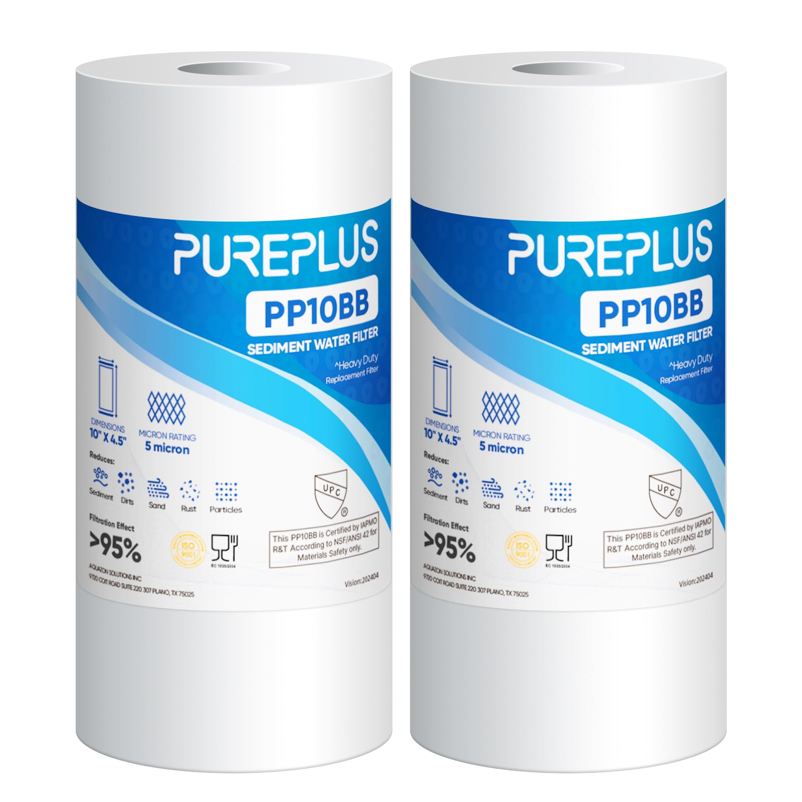 PUREPLUS 5-micron cartridge close-up showing three-layer density for sediment capture.