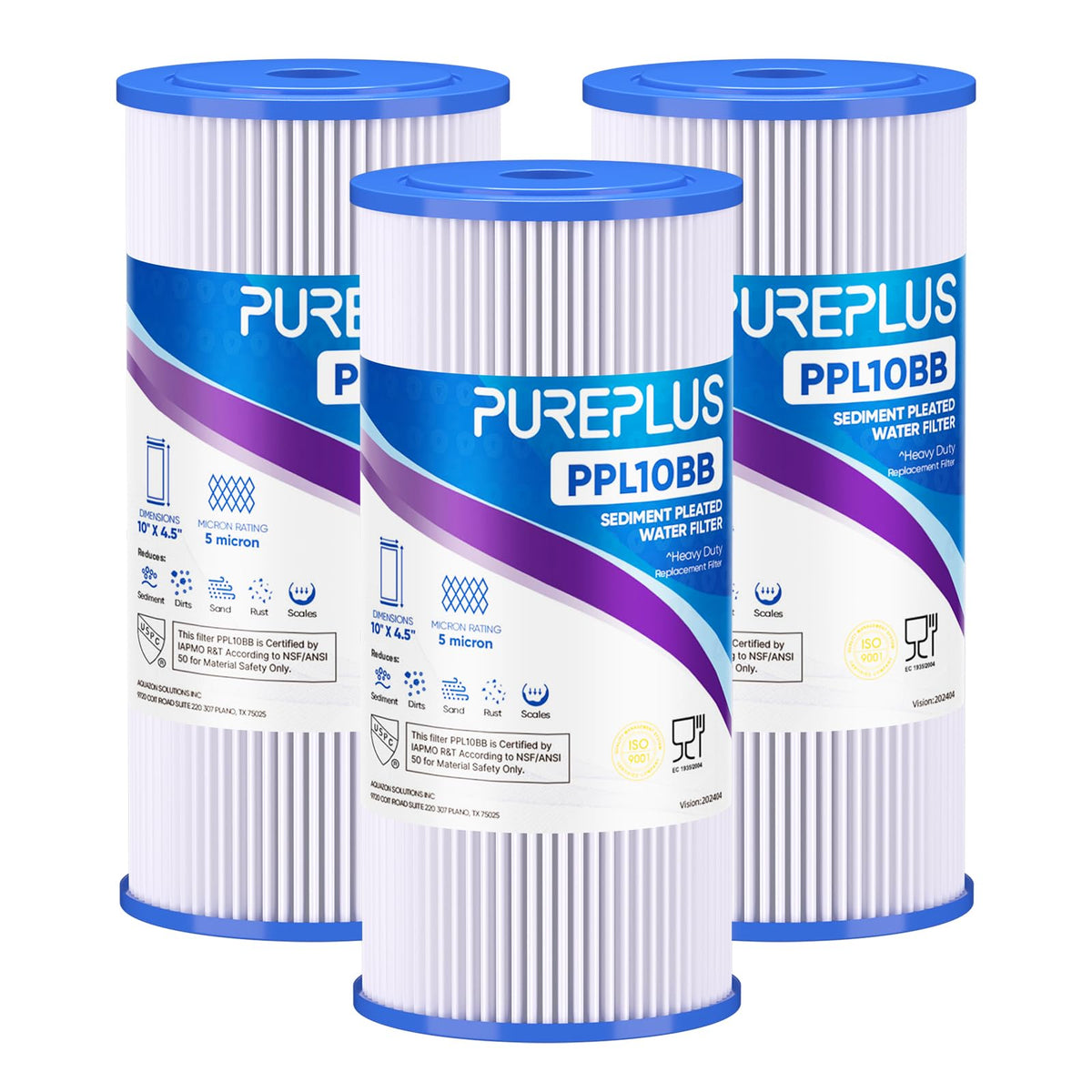 PUREPLUS 5-micron pleated sediment filter close-up highlighting dense filtration media.