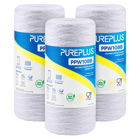 PUREPLUS 5-micron sediment filter closeup highlights dense filtration for clear well water.