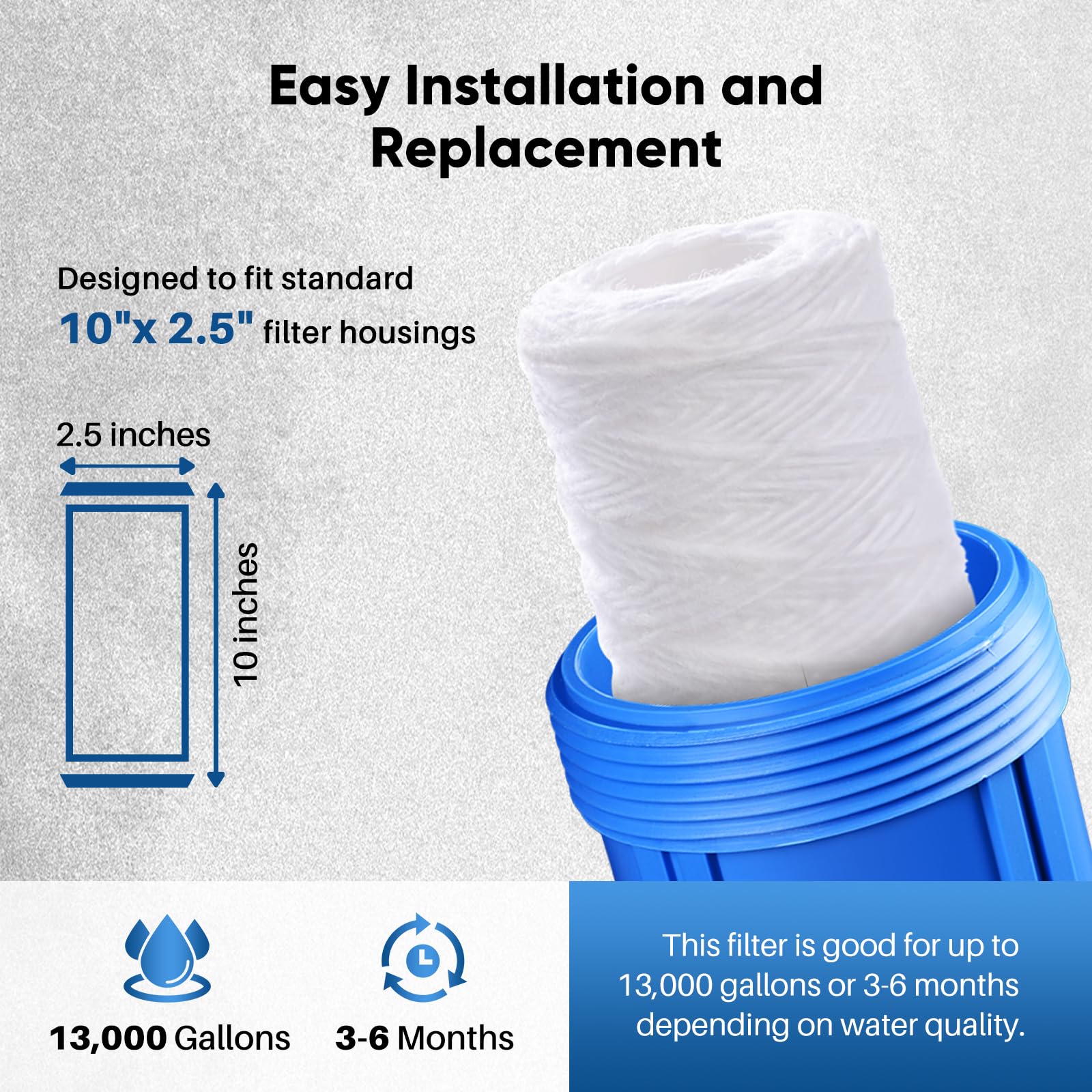PurePlus 5 micron sediment filter for whole-house filtration captures sand and rust.