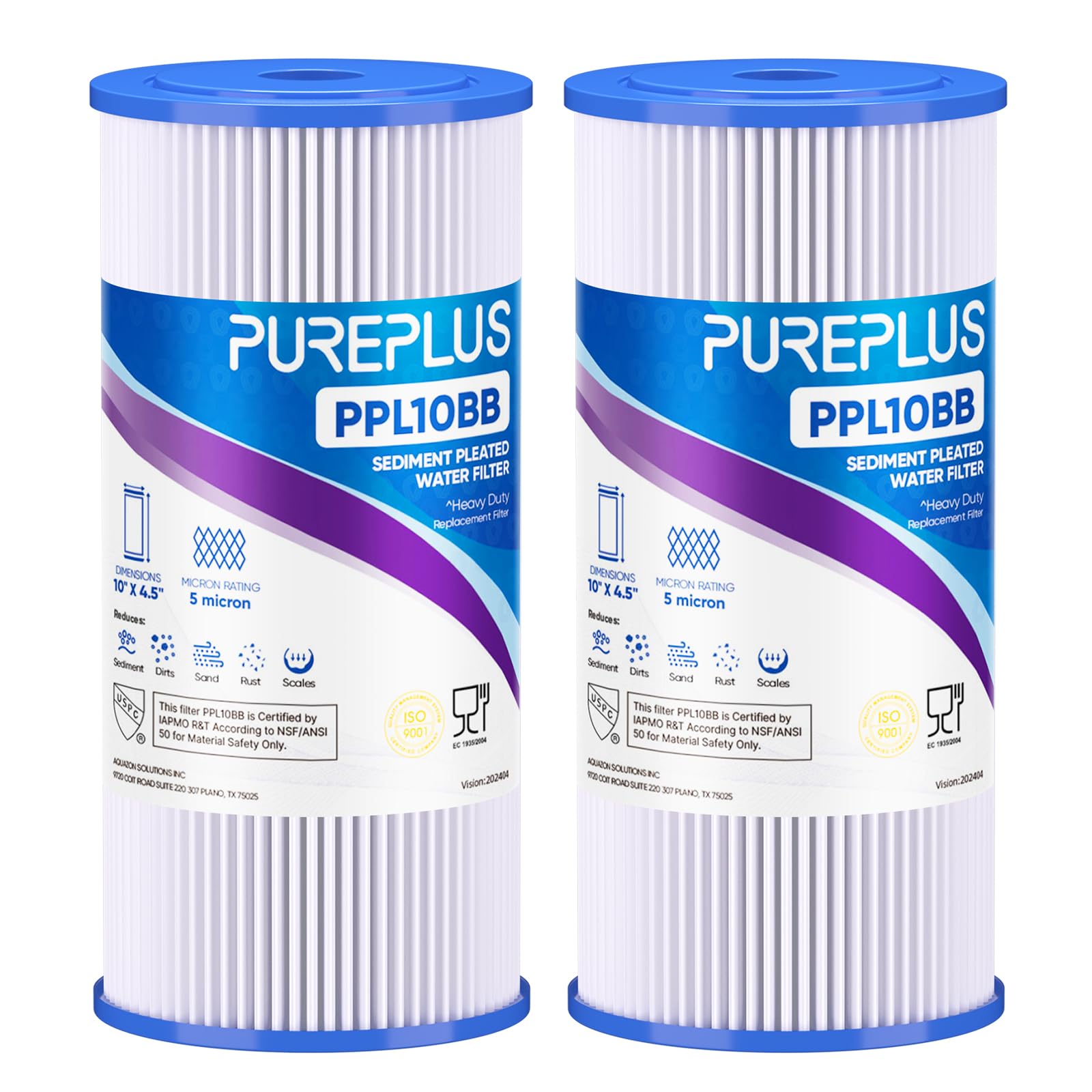 PurePlus 5 micron sediment filter packaging ready for installation and sediment reduction.