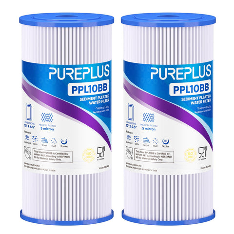 PurePlus 5 micron sediment filter packaging ready for installation and sediment reduction.