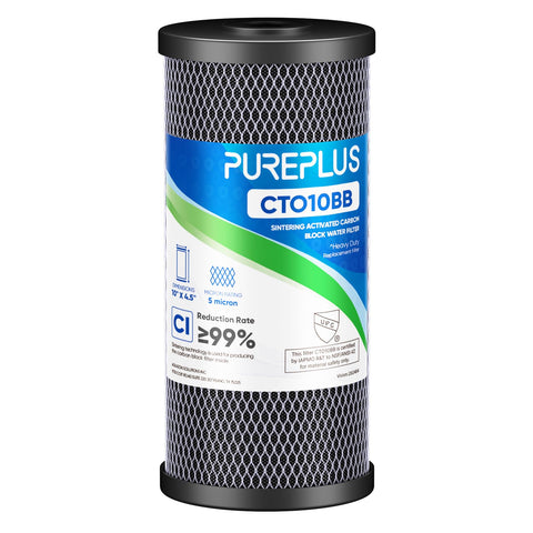 PurePlus coconut shell activated carbon 10x4.5 inch cartridge reduces chlorine in tap water.