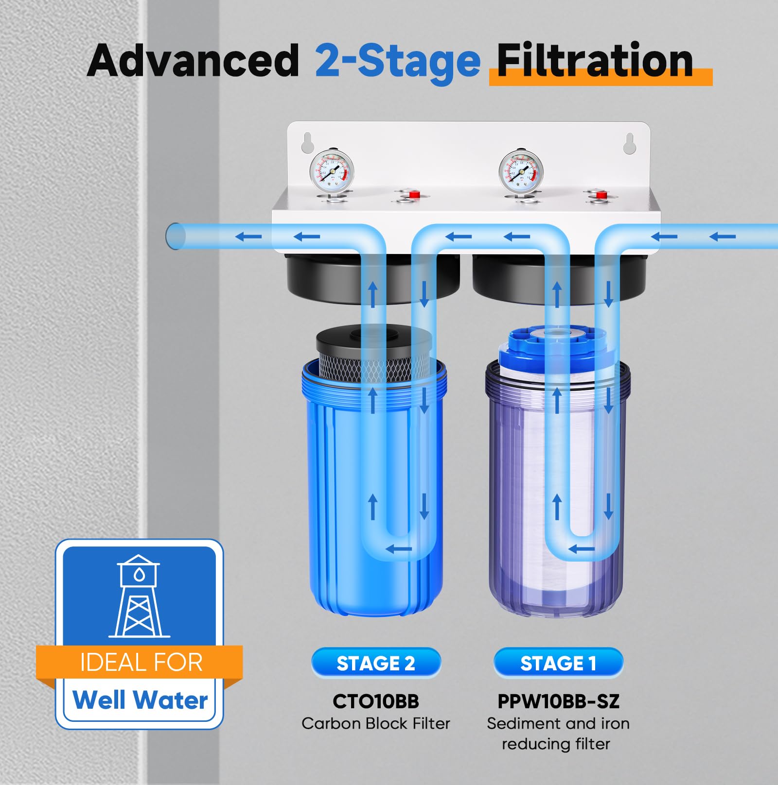 PUREPLUS dual-function cartridge removes sediment and iron effectively.