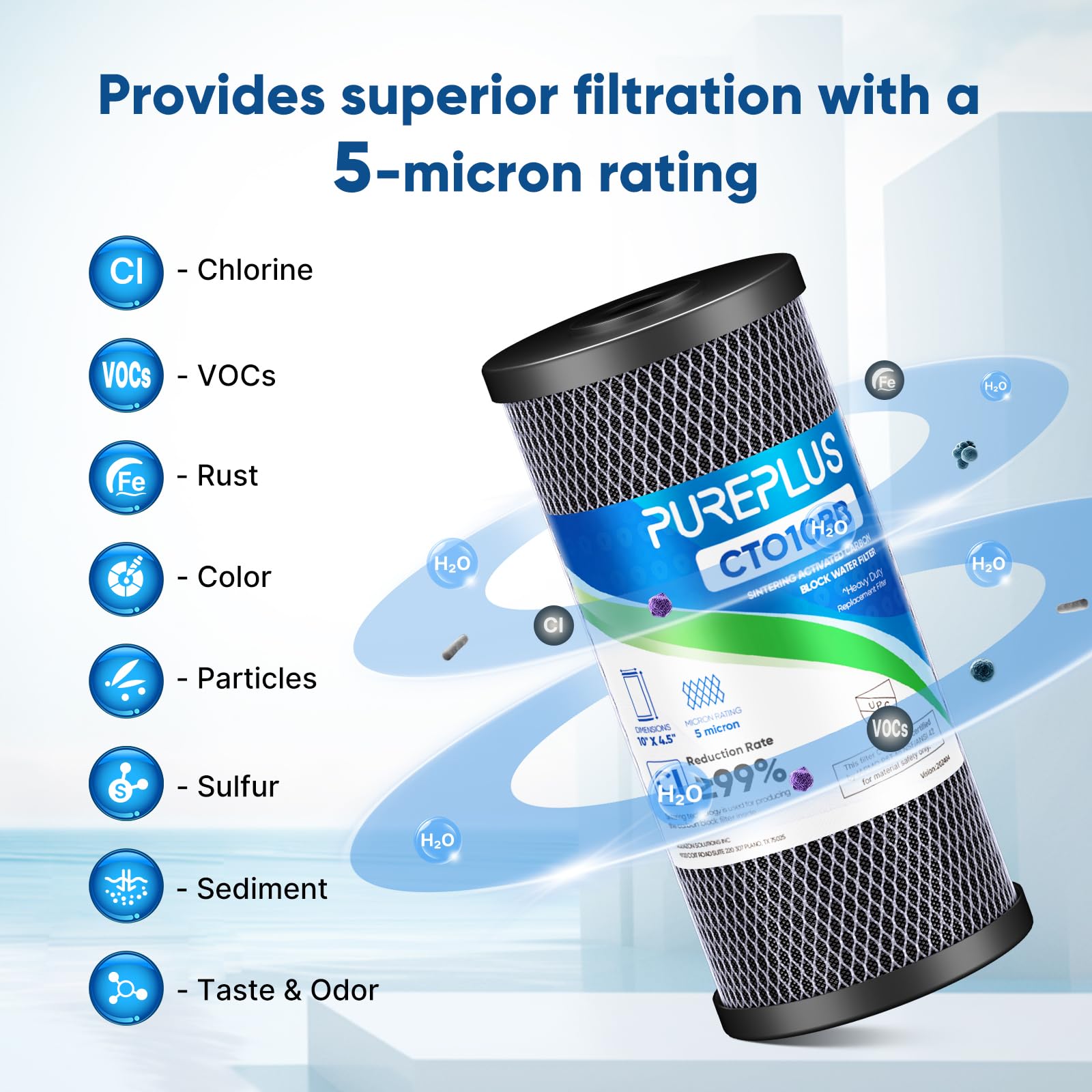 PurePlus filter housing side view demonstrates compatibility with standard housings.