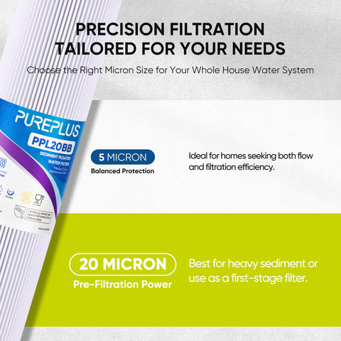 PUREPLUS high-capacity filter handles up to 30,000 gallons for steady home water.