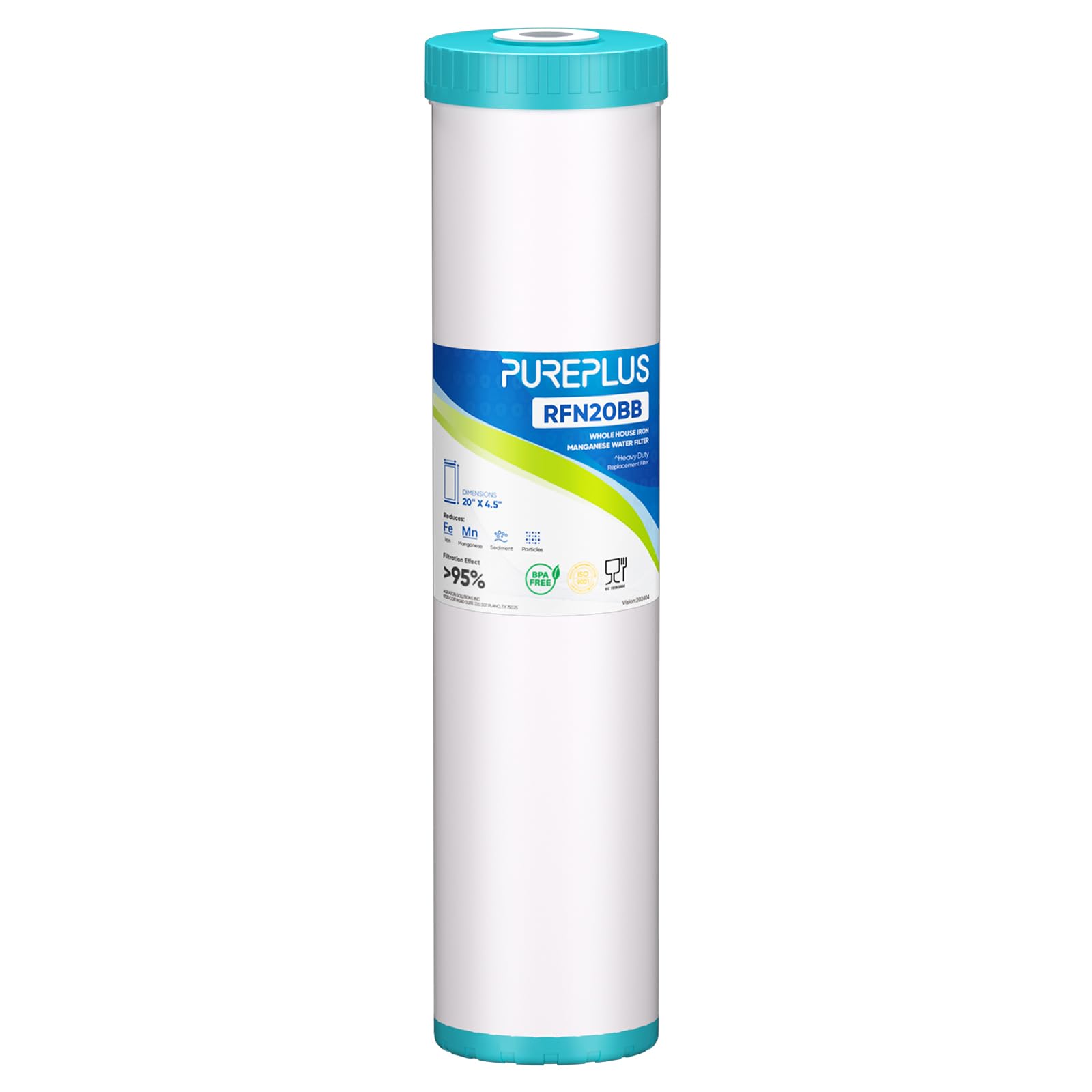 PurePlus RFN20BB iron and manganese removal filter reduces contaminants in home water.