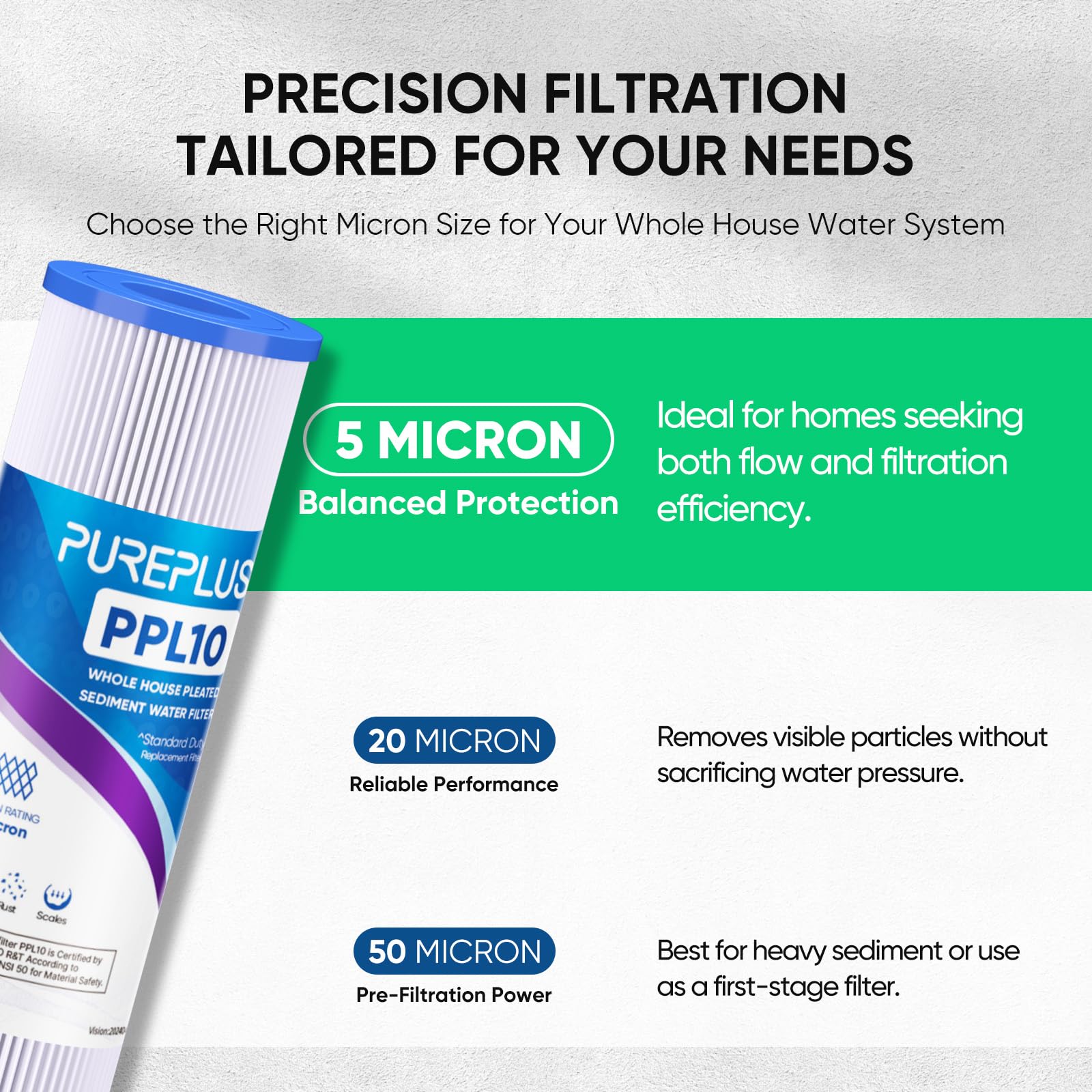 PUREPLUS well-water filtration 10x2.5-inch removes sediment for clearer water.
