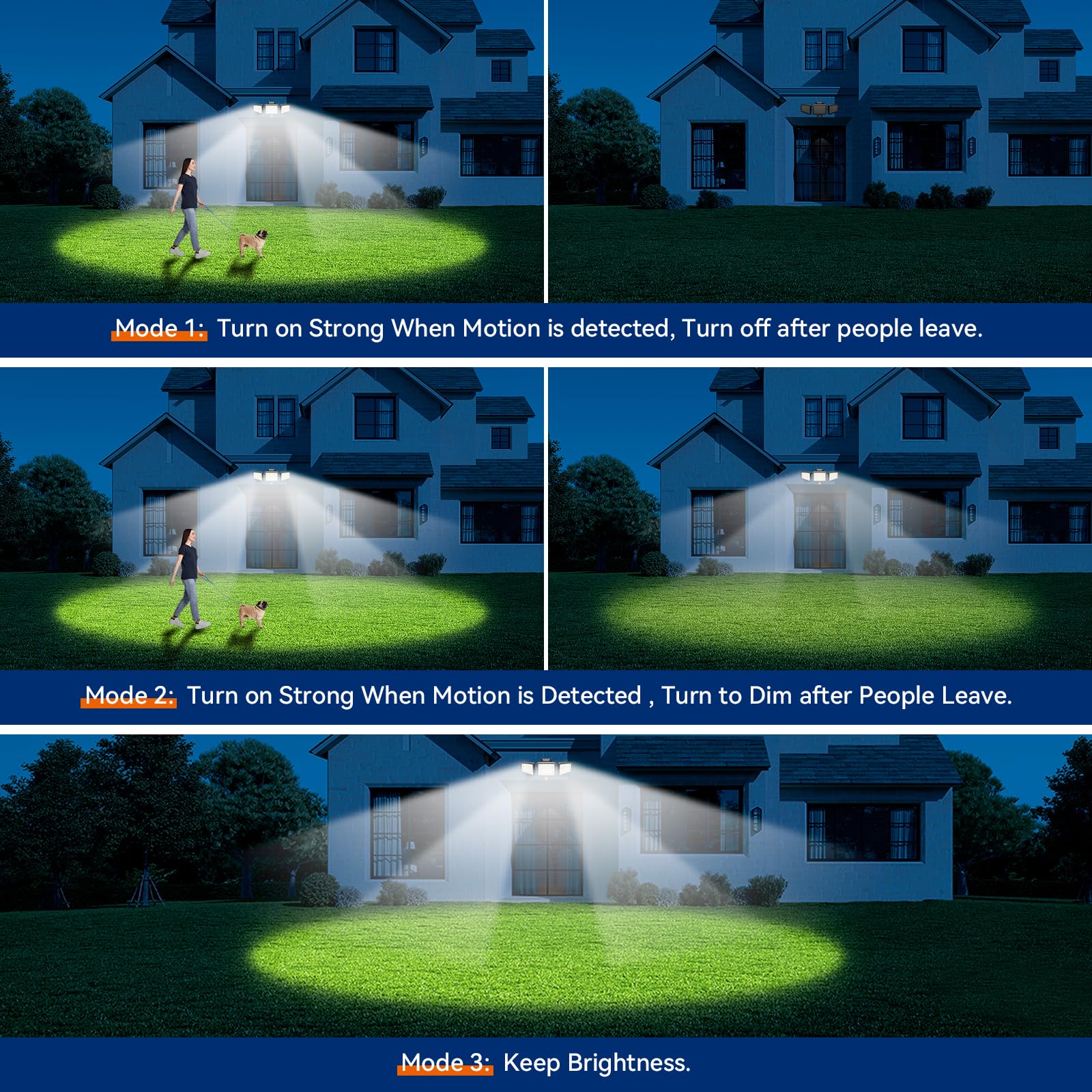 Dusk-to-dawn mode activates automatically at night for hands-free lighting